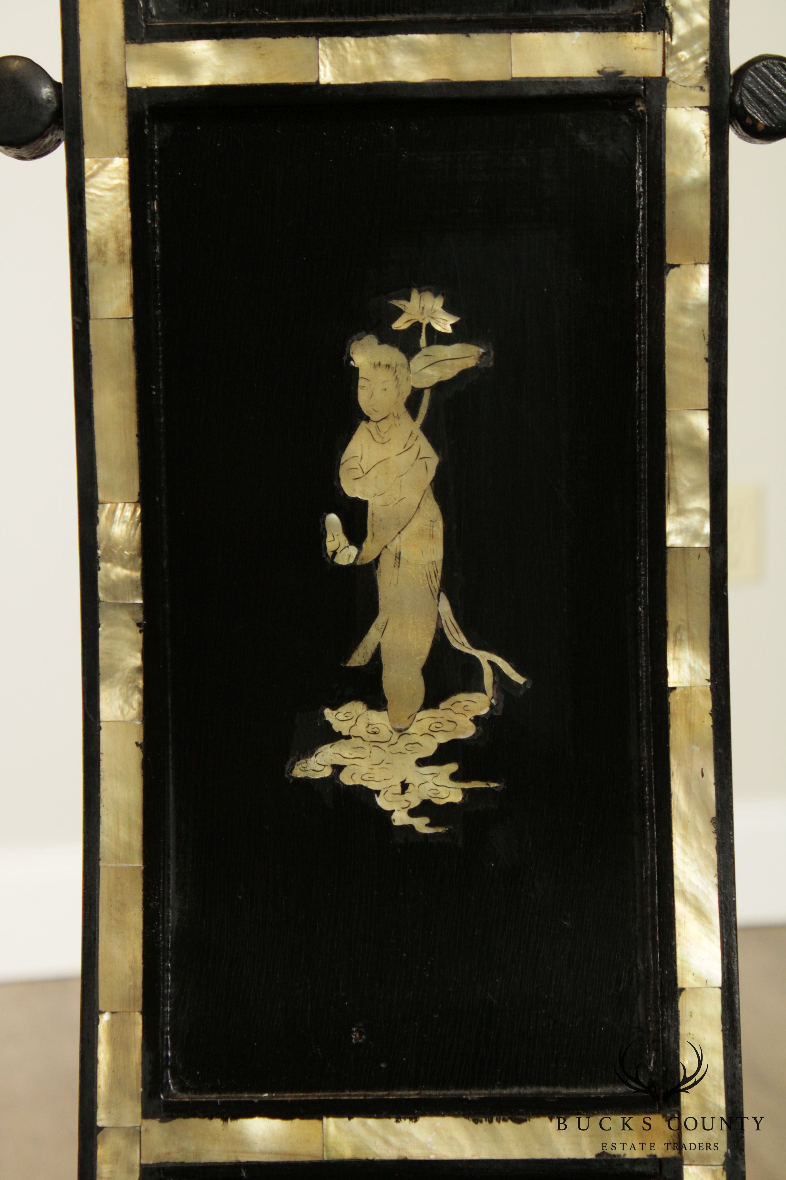 Vintage Italian Black Lacquer & Mother of Pearl Inlaid Pair Armchairs