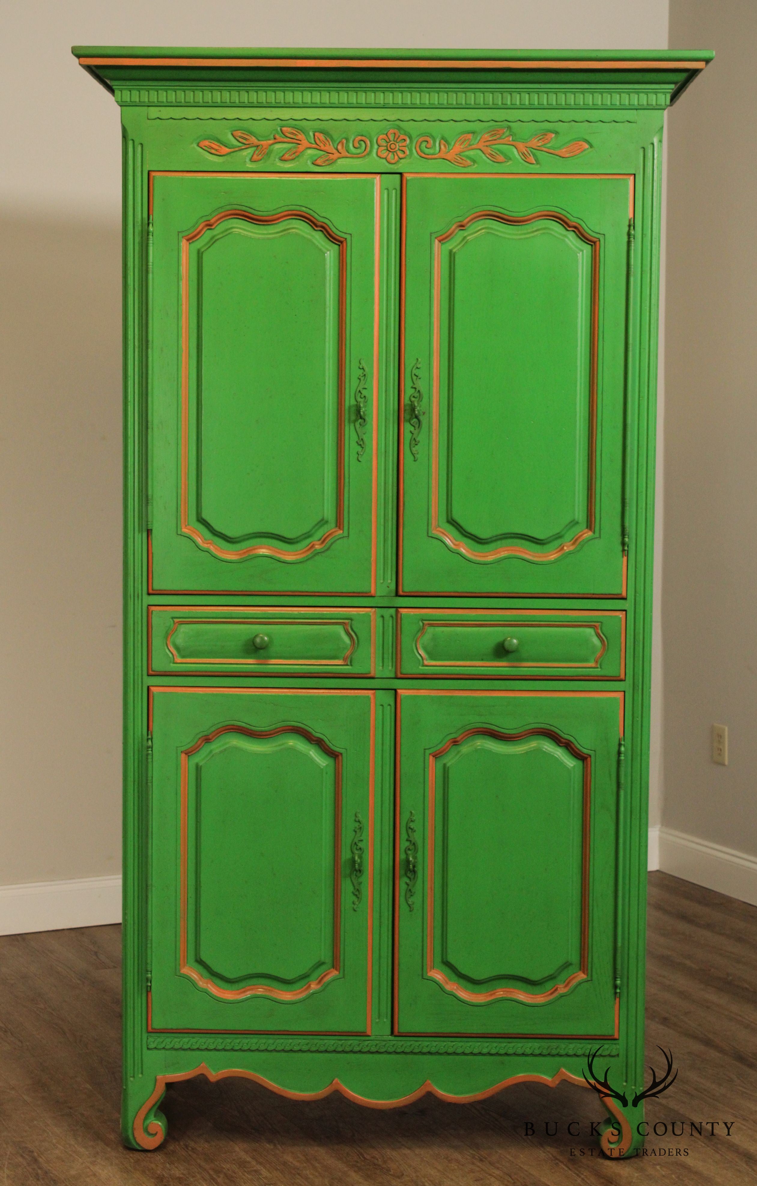 French Louis XV Style Custom Green Painted Pair Large Armoires