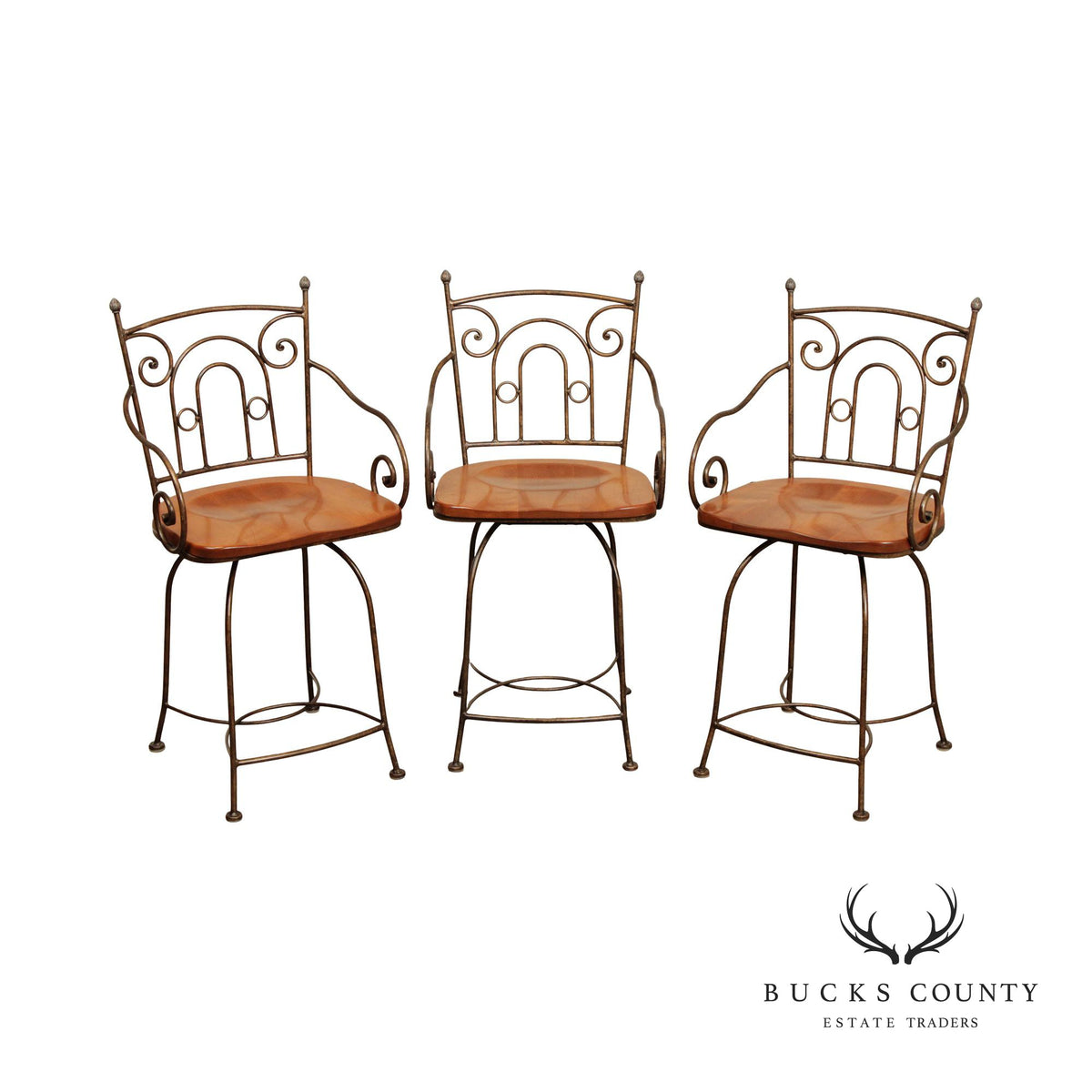 Tuscan Style Set Of 3 Wrought Iron and Wood Swivel Counter Stools