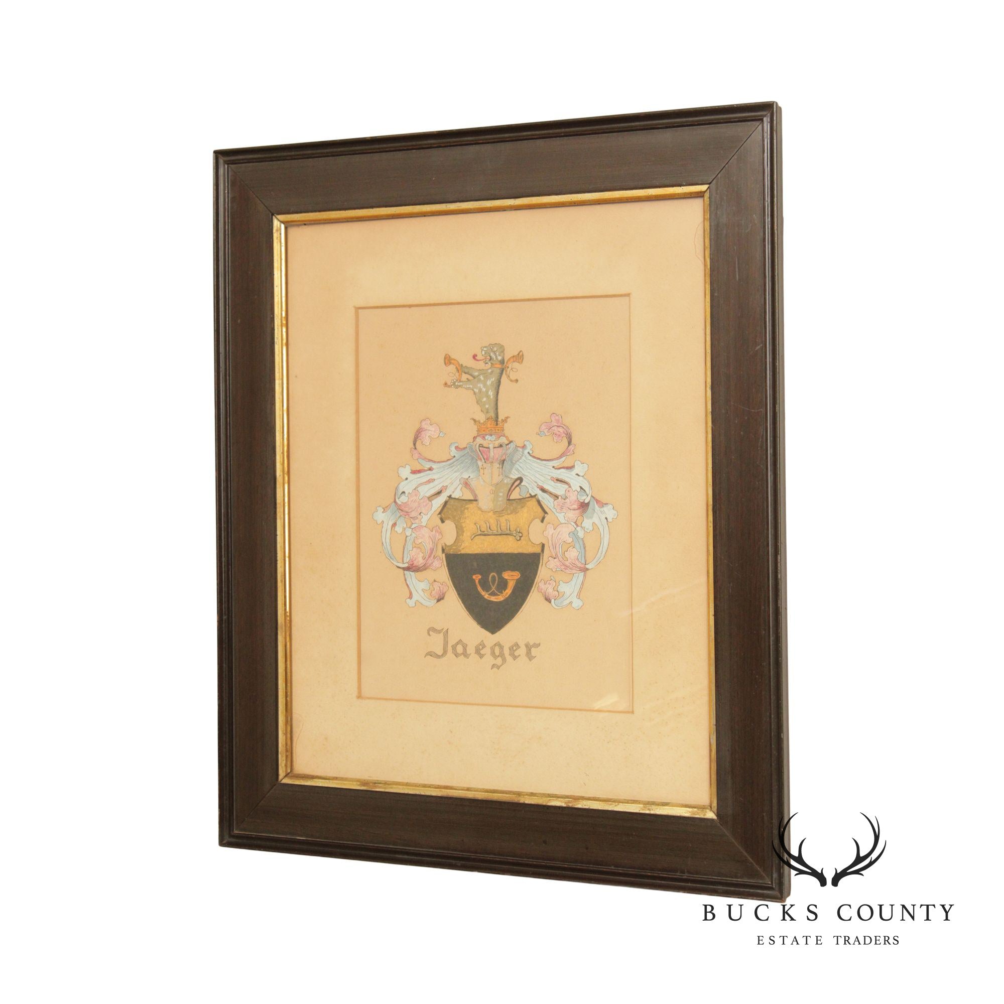 Vintage German 'Jaeger' Coat of Arms Crest, Custom Framed