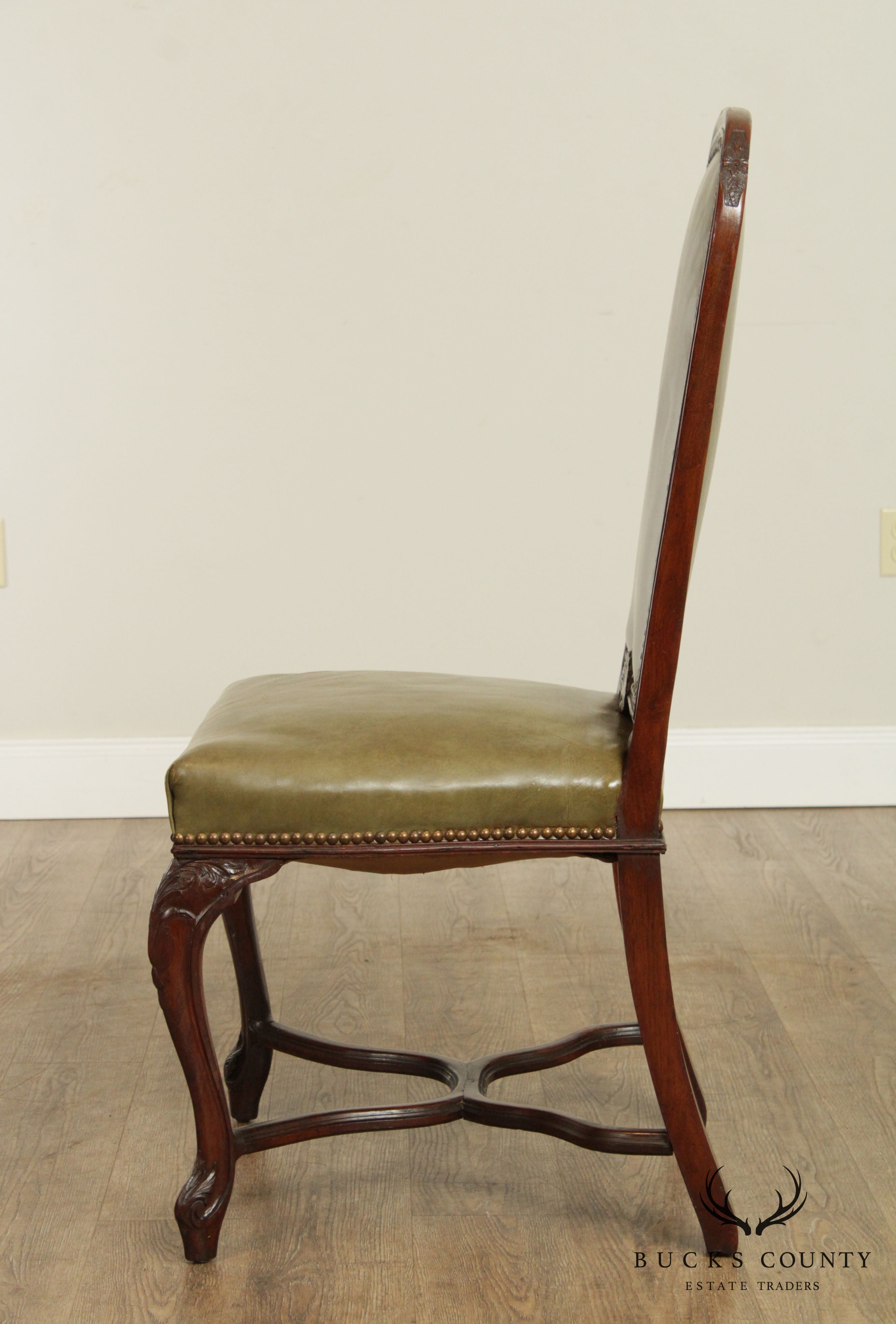 French Louis XV Style Vintage Set 5 Walnut & Green Leather Dining Chairs