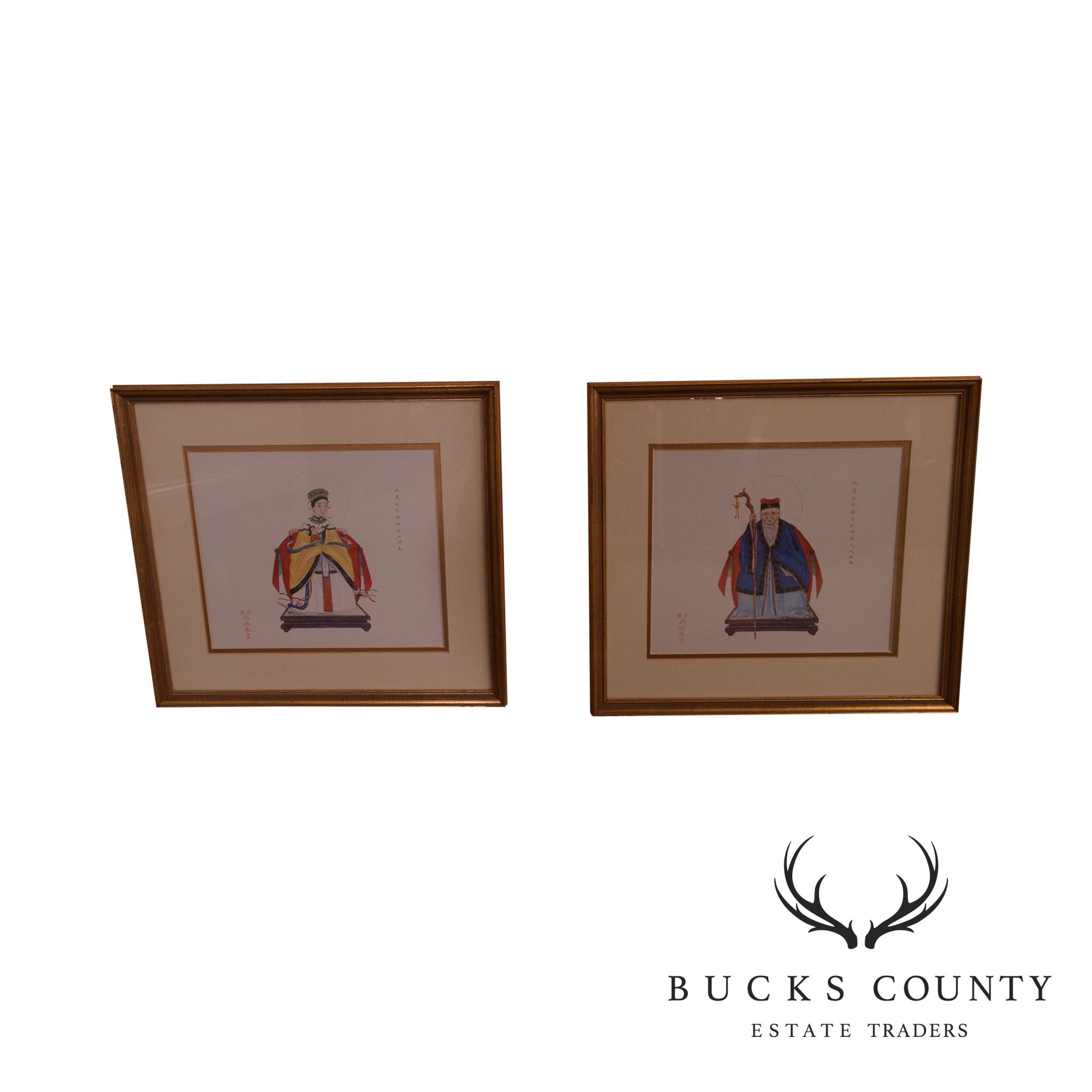 Vintage Chinese Ancestor Portraits, a Pair Custom Framed