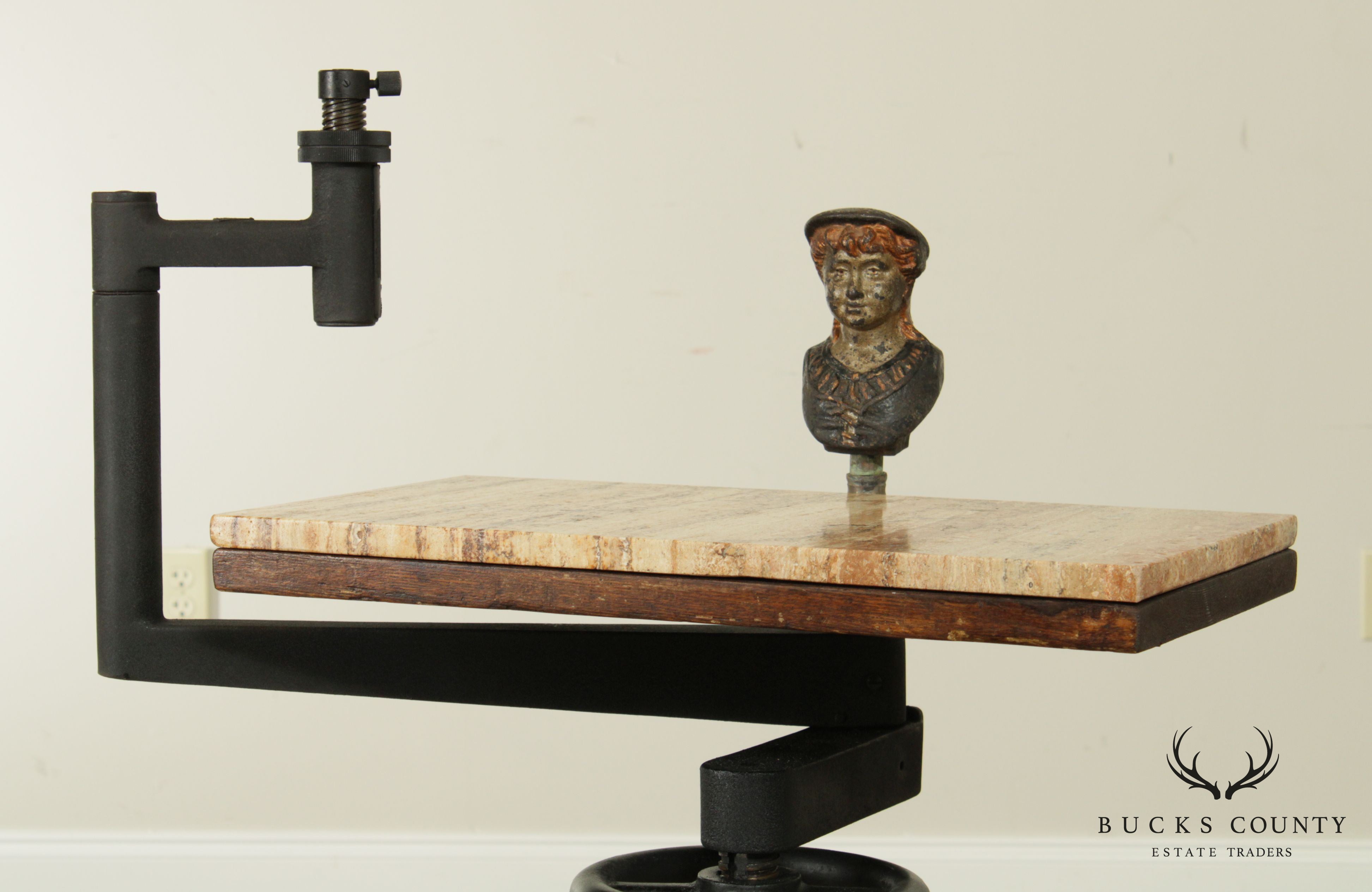Industrial Work Table Converted to Side Table with Marble Top