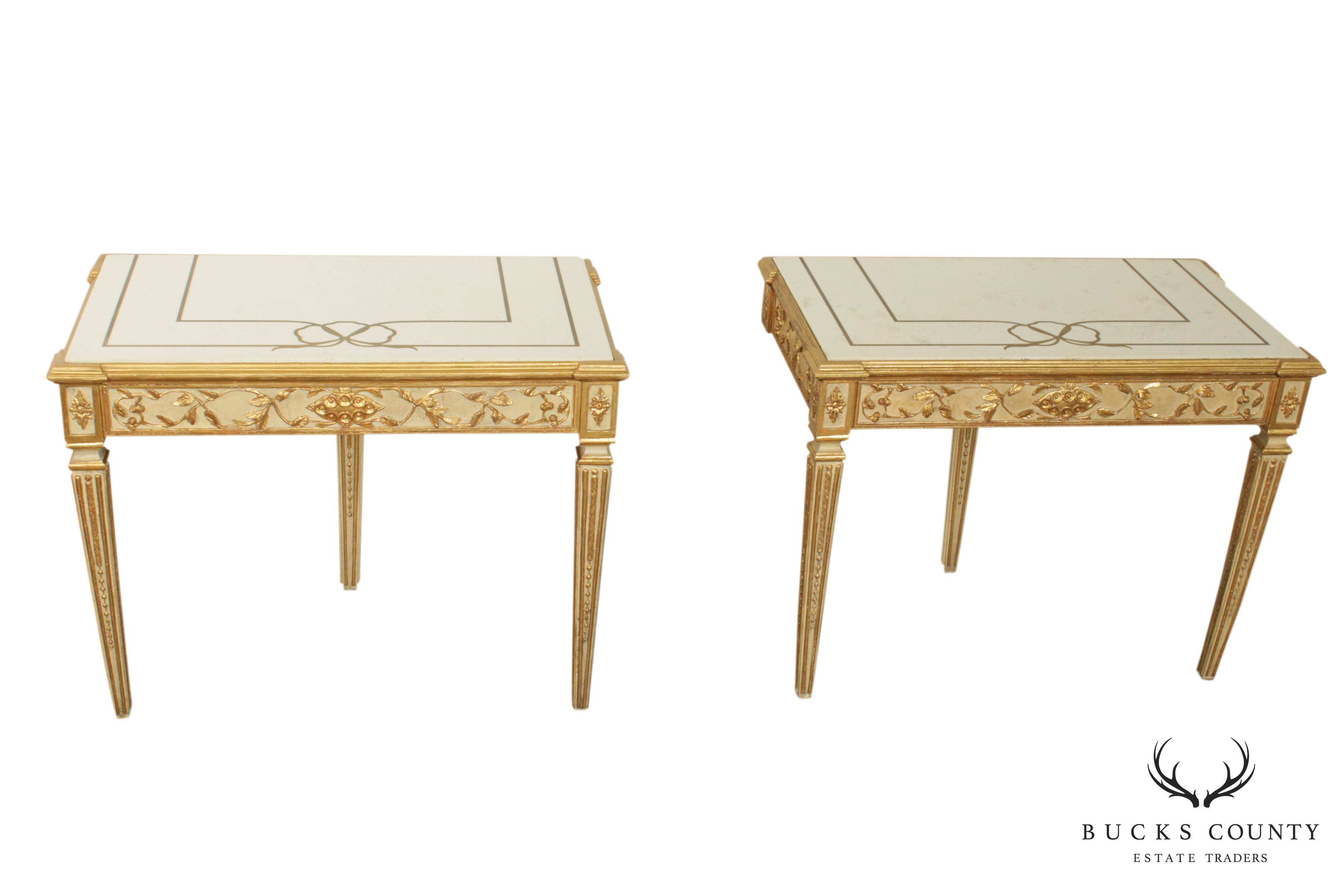 Florentine Pair Gilt Wood and Lacquered Vintage Pair Marble Top Consoles