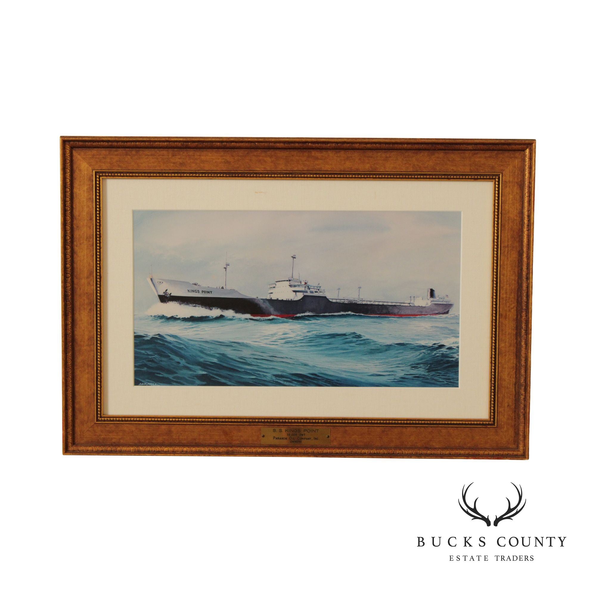 Vintage 20th C. S.S. Kings Port Maritime Watercolor Print, Signed 'Matthews'