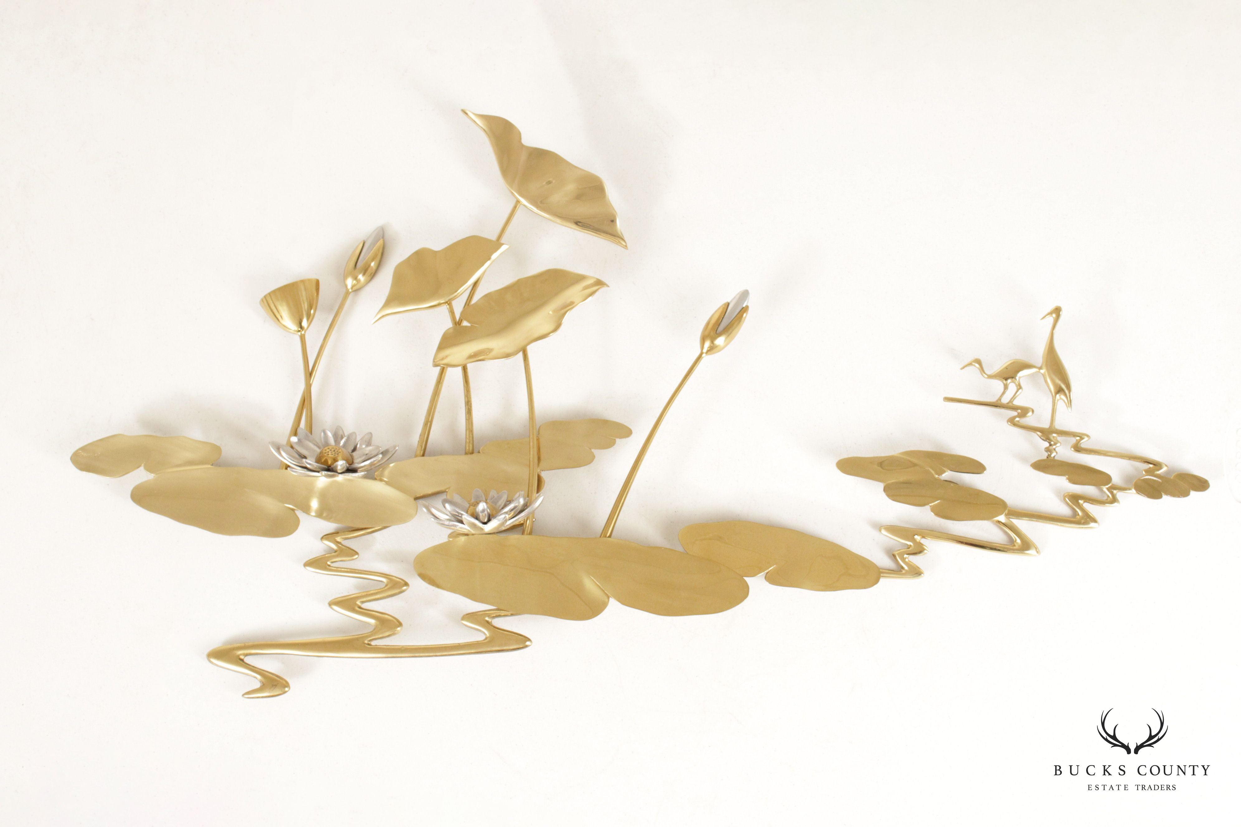 Bijan Asian Modern Water Lilies Gilt Gold Enamel Wall Sculpture