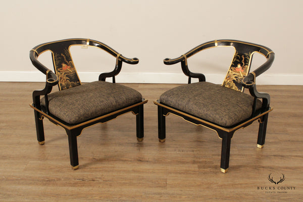 Chinoiserie Decorated Black Lacquer Pair of Horseshoe Armchairs