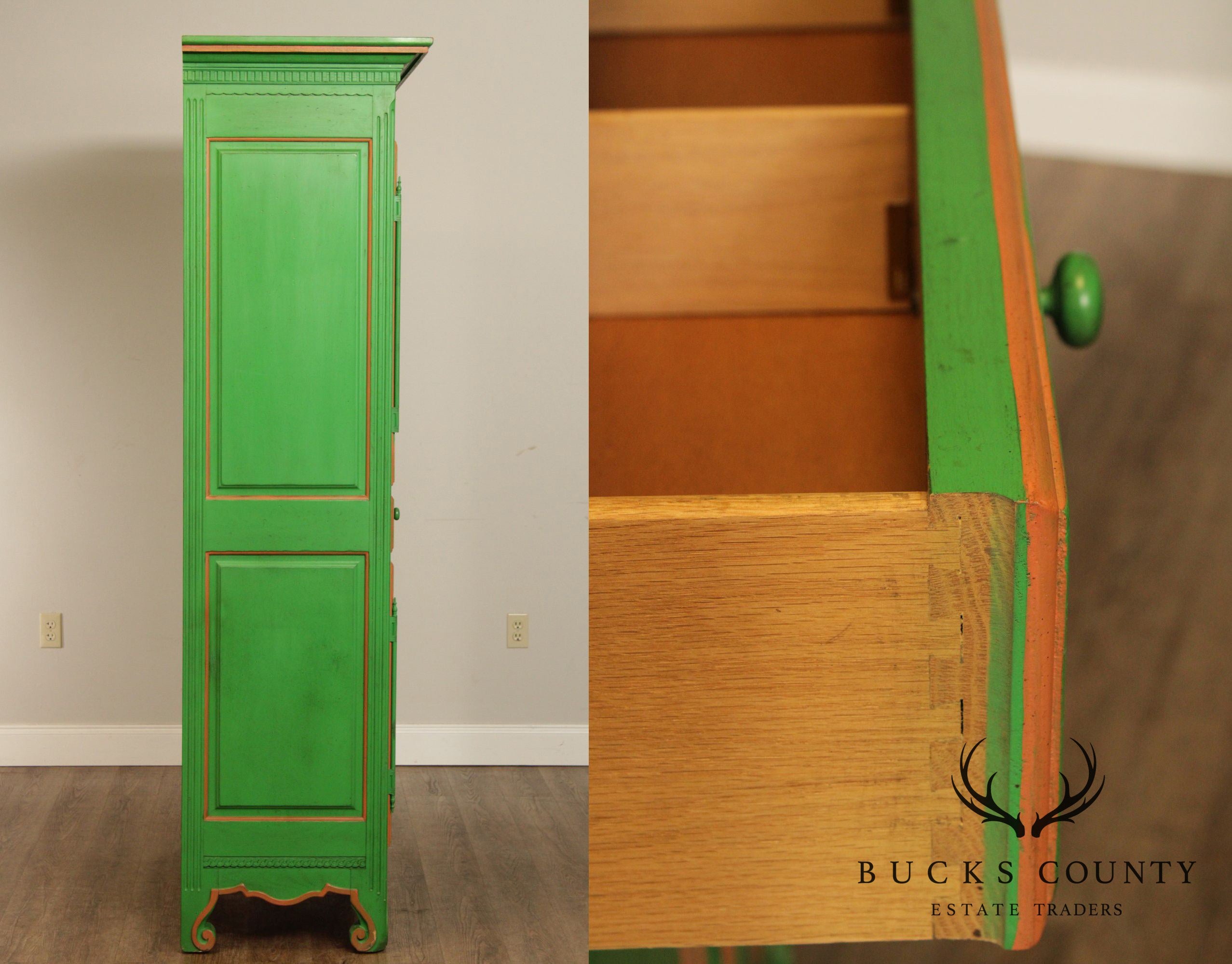 French Louis XV Style Custom Green Painted Pair Large Armoires