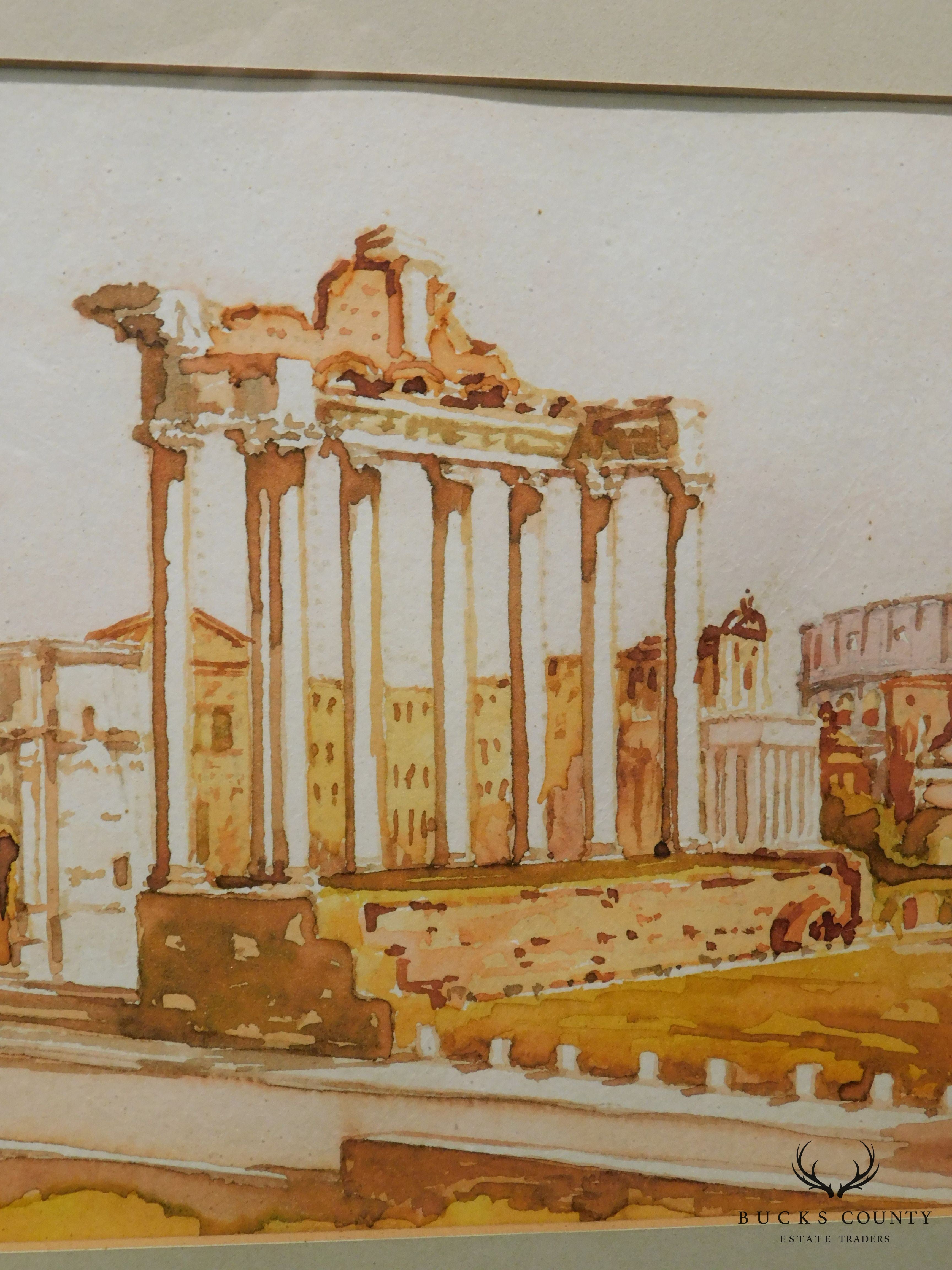 Vintage Roman Ruins Watercolor Painting Signed Bollazzi