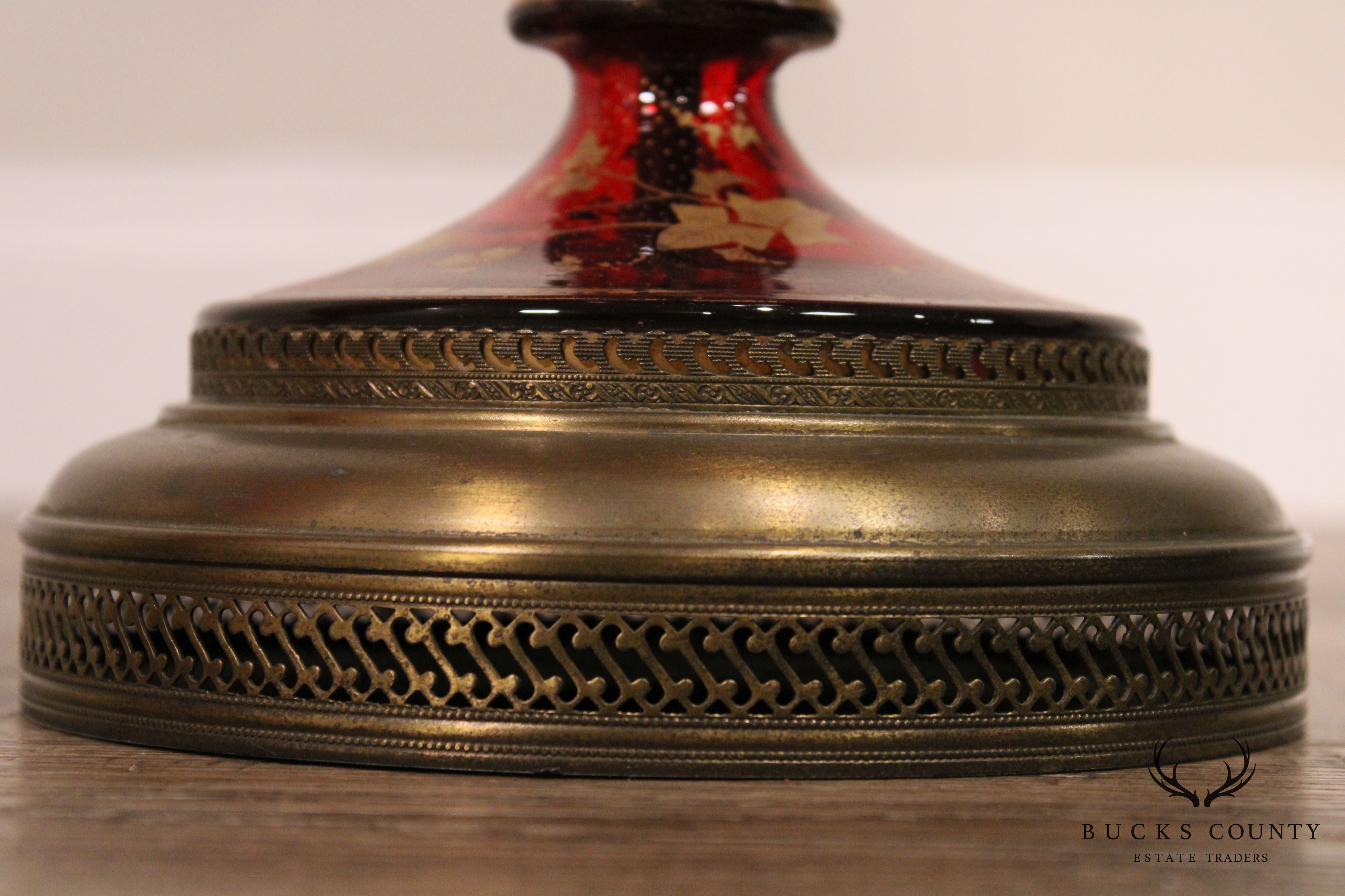 Pair Large Bohemian Red Glass Vase Lamps Overlaid with Gilt Ivy and Decoration