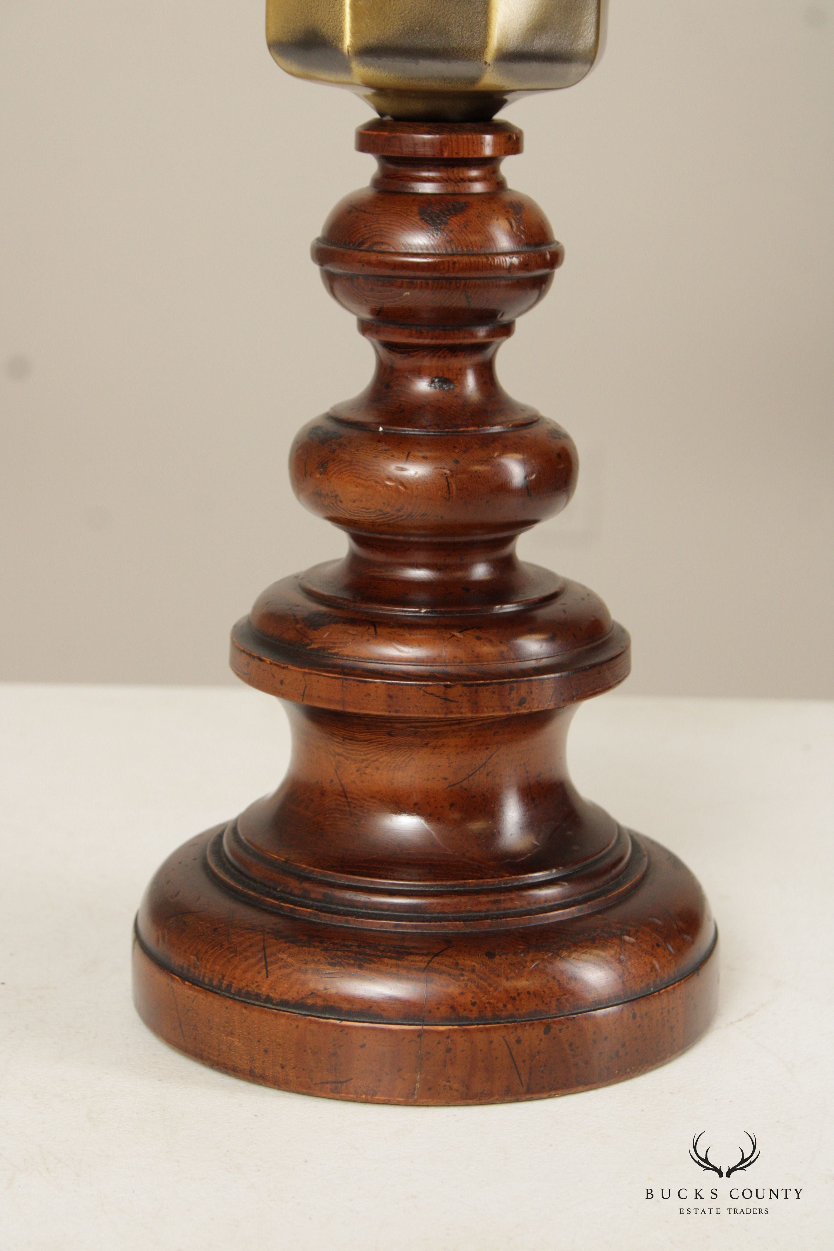 KNOB CREEK PAIR OF BRASS AND TURNED WOOD VINTAGE TABLE LAMPS