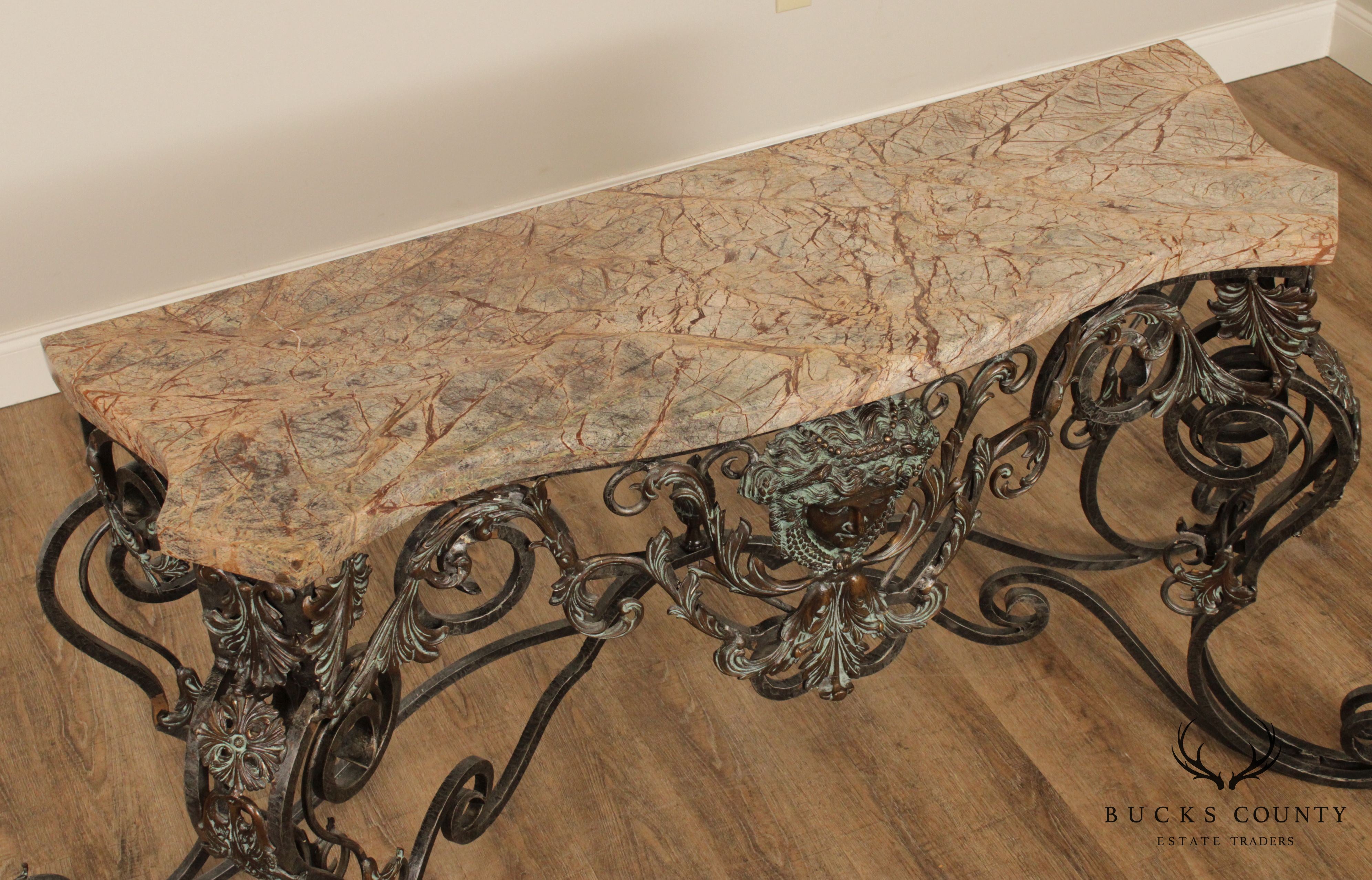 Maitland Smith Louis XIV Style Wrought Iron and Bronze Marble Top Console with Mirror