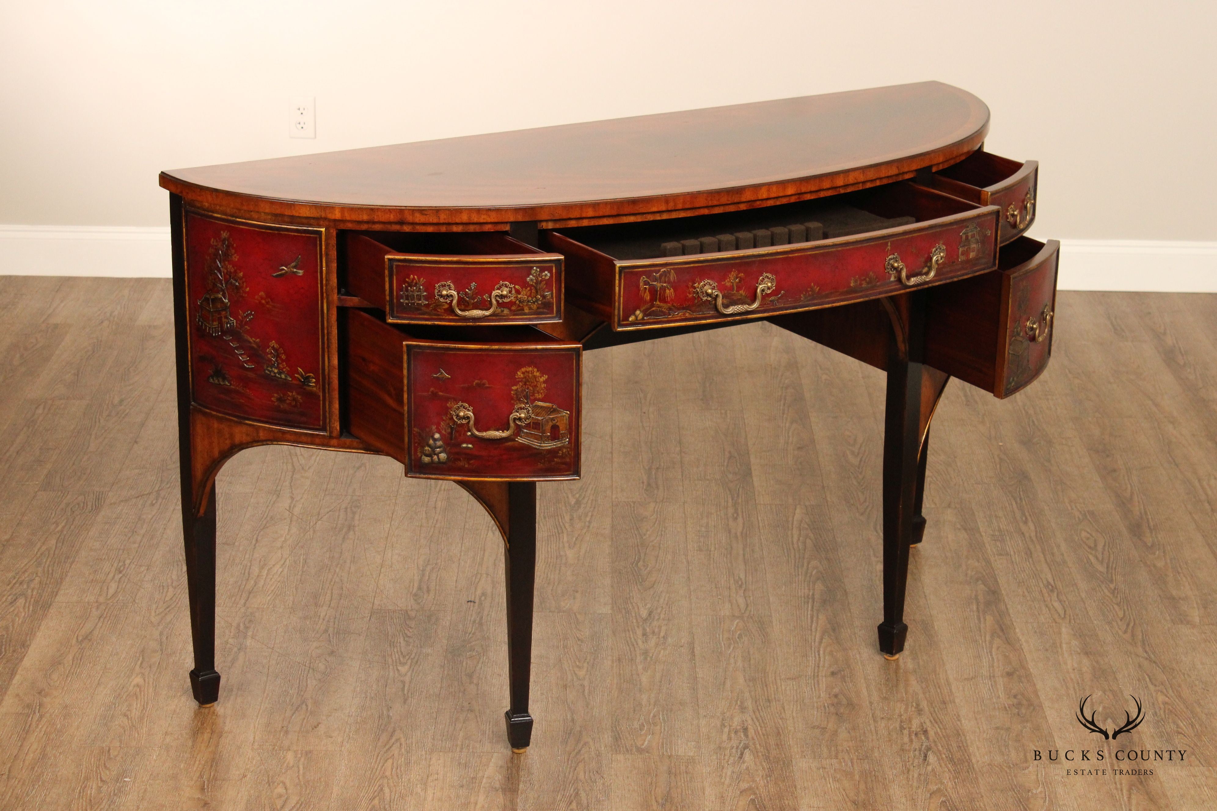 Maitland Smith Chinoiserie Decorated Demilune Sideboard