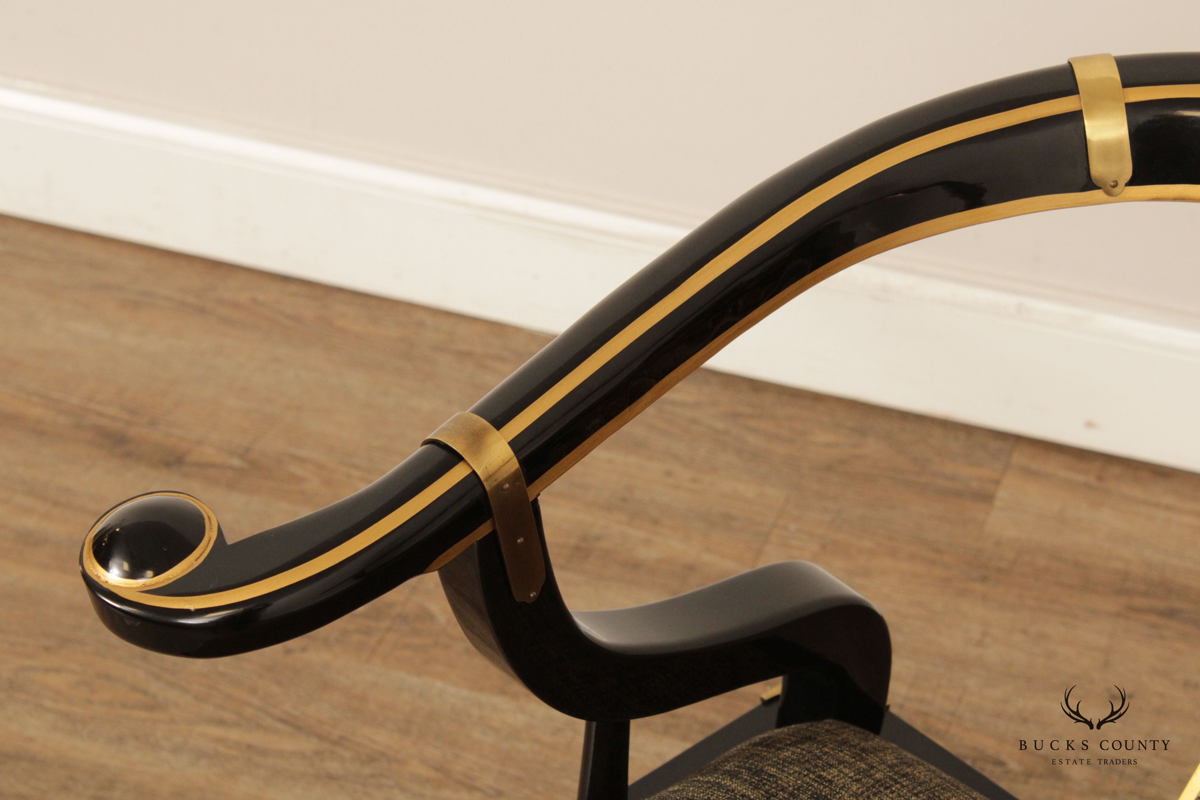 Chinoiserie Decorated Black Lacquer Pair of Horseshoe Armchairs
