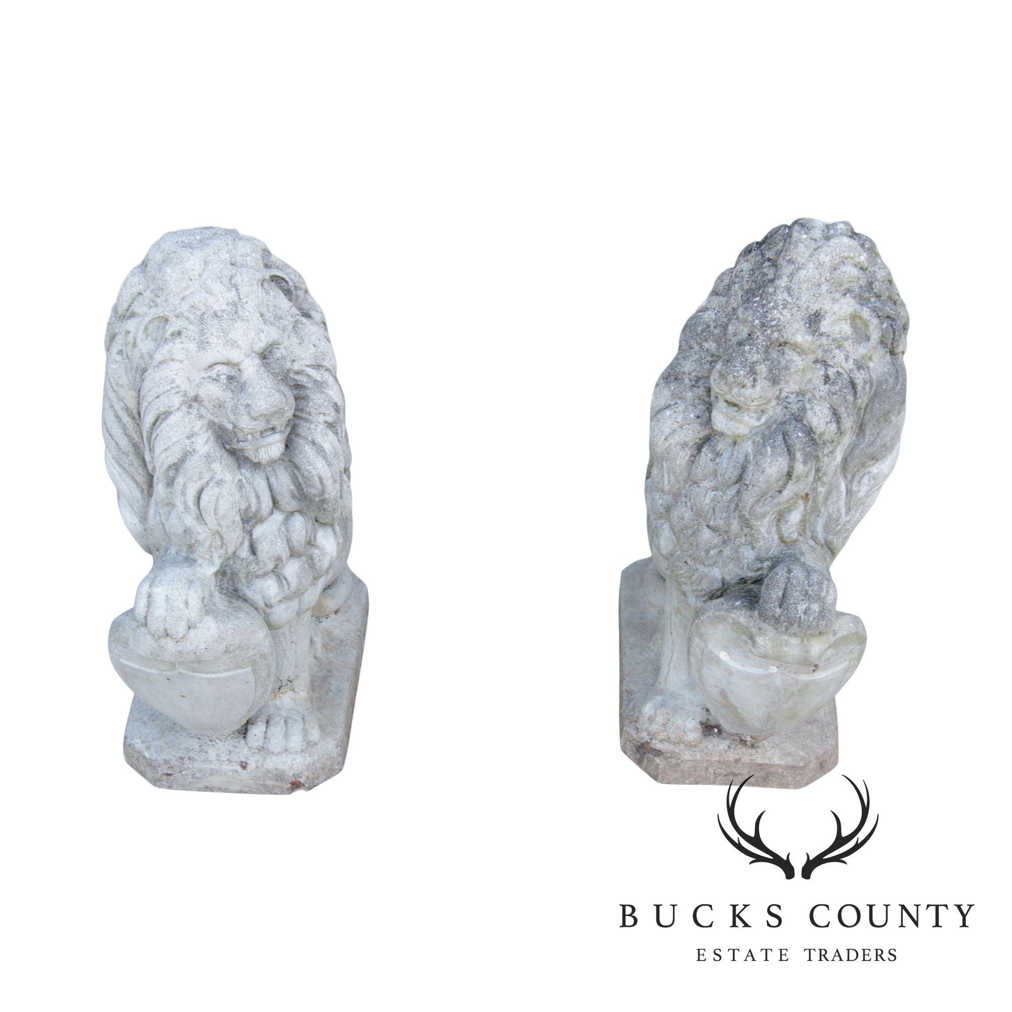 Vintage Pair Cast Stone Garden Lion Statues