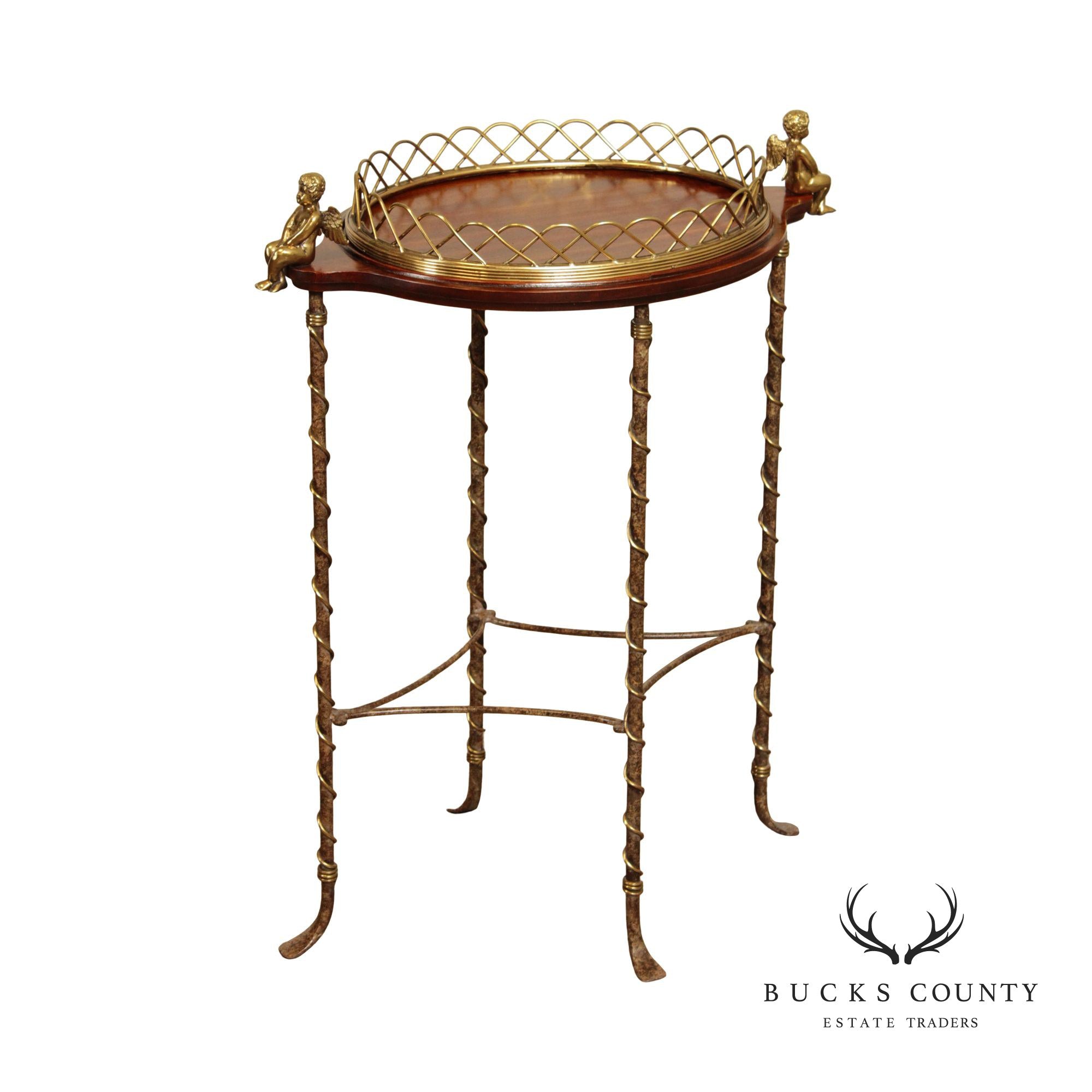 LaBarge Regency Style Mahogany and Brass Cherub Oval Plant Stand