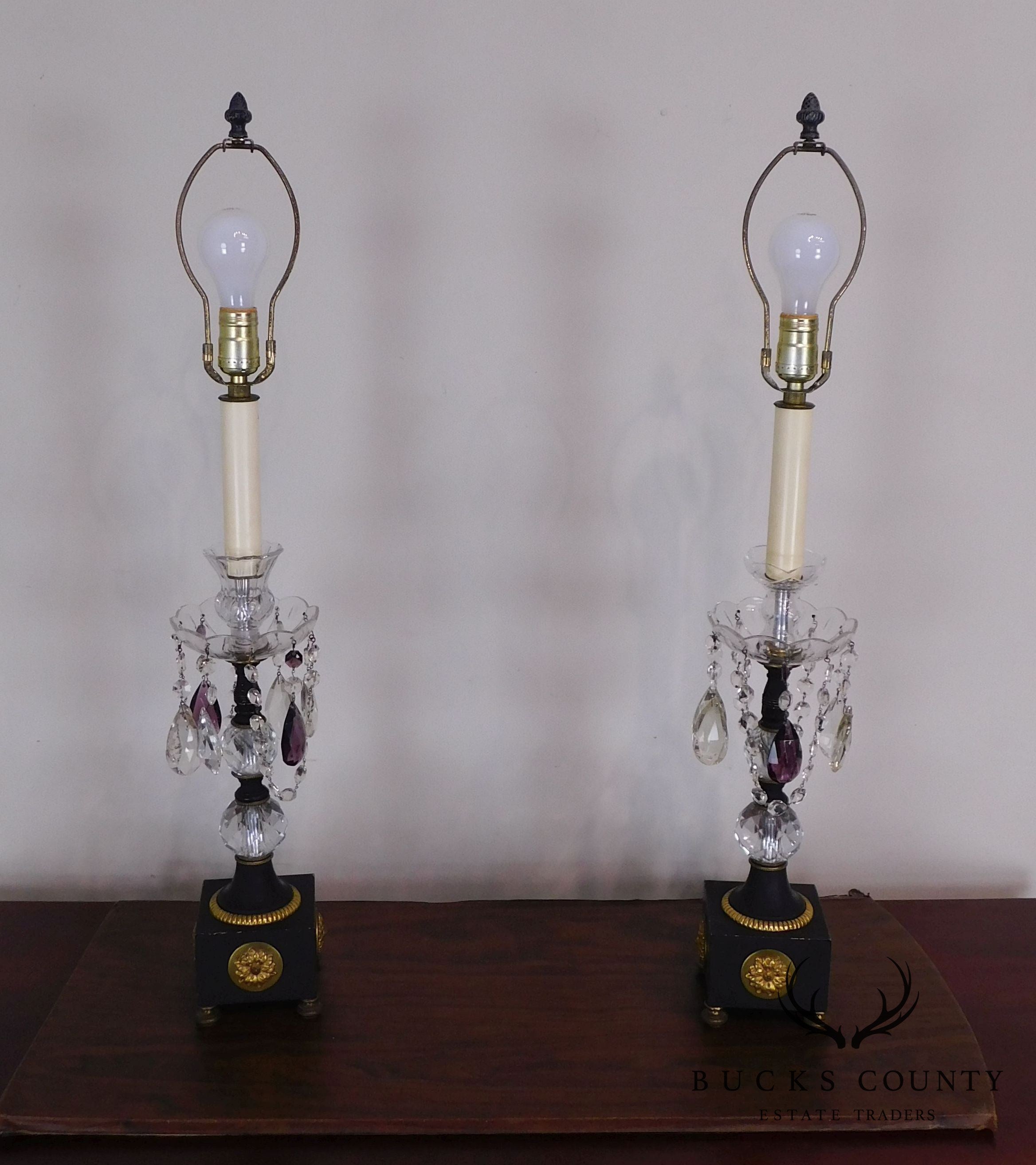 Pair French Empire Table Lamps with Fabric Shades, Turned Stems with Faceted Crystal Balls