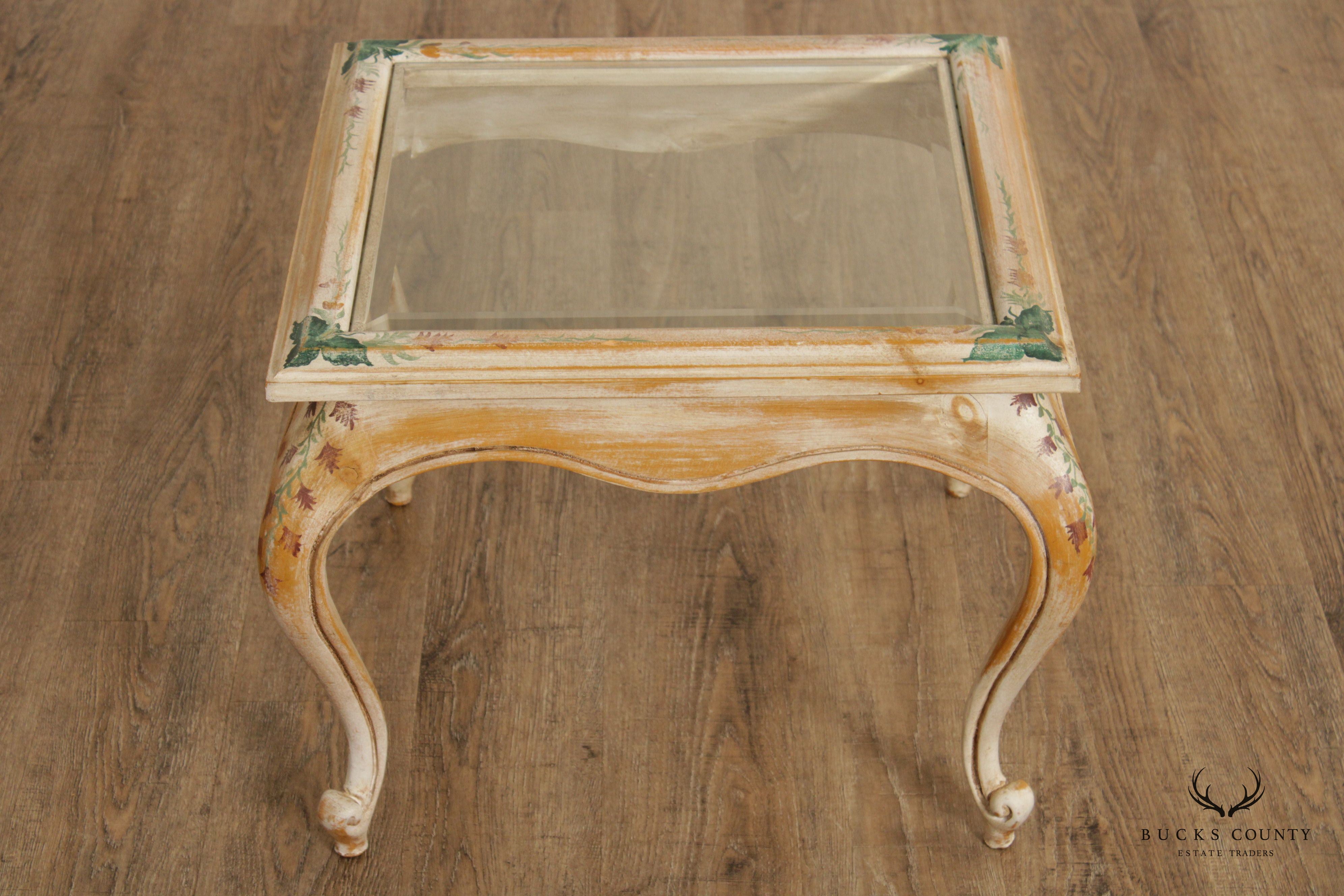 French Style Pair Paint Decorated Glass Top End Tables