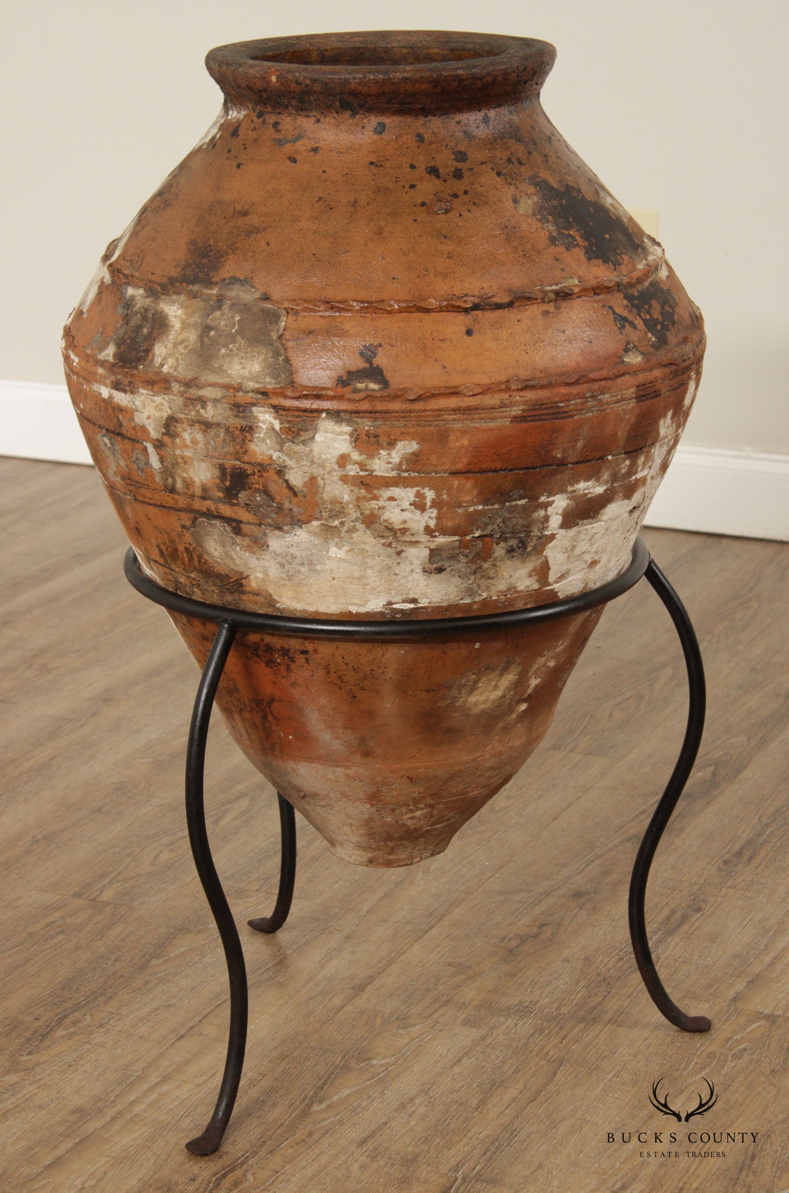 Antique Mediterranean Large Terra Cotta Amphora Floor Vase on Stand