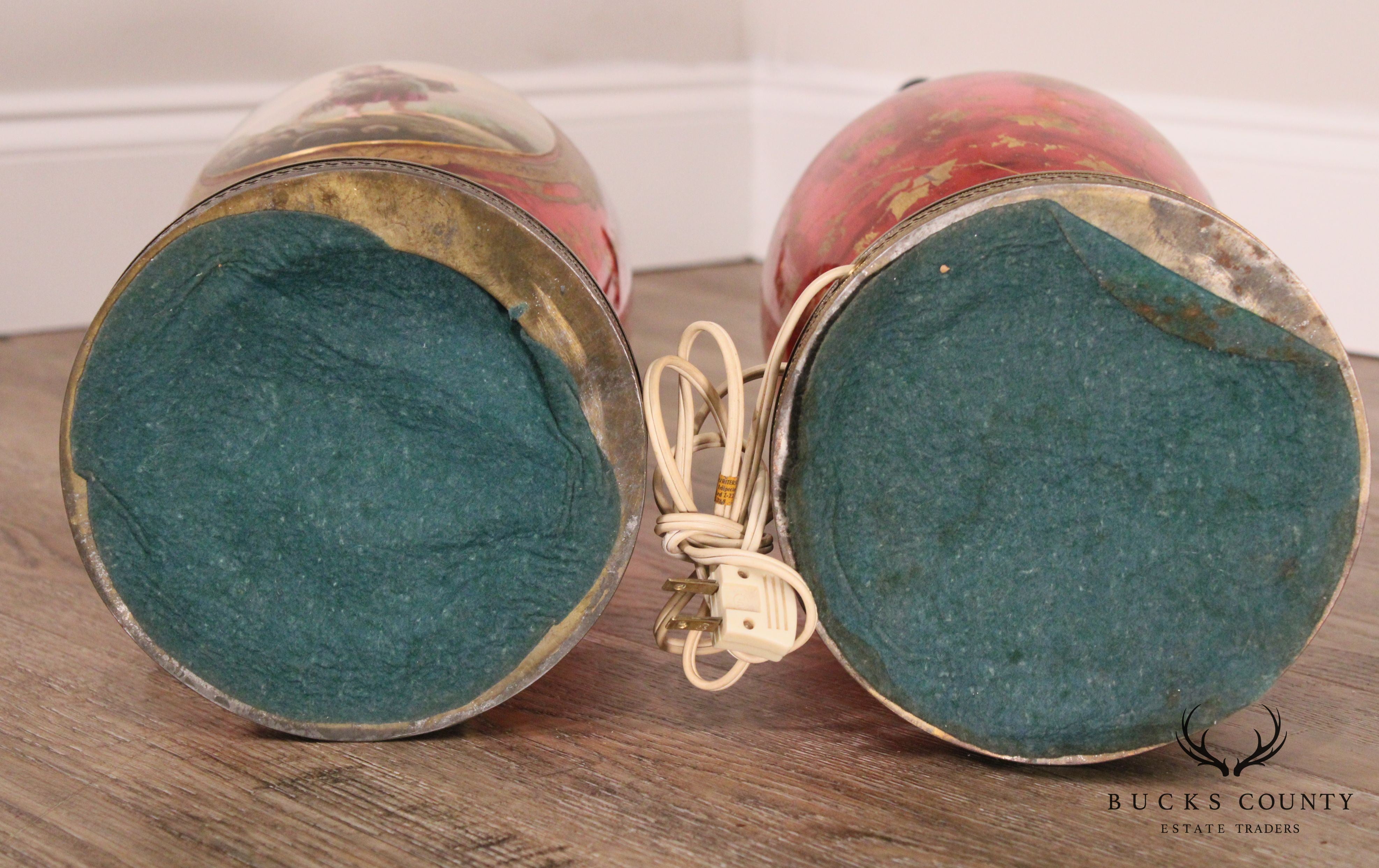 Pair Large Bohemian Red Glass Vase Lamps Overlaid with Gilt Ivy and Decoration