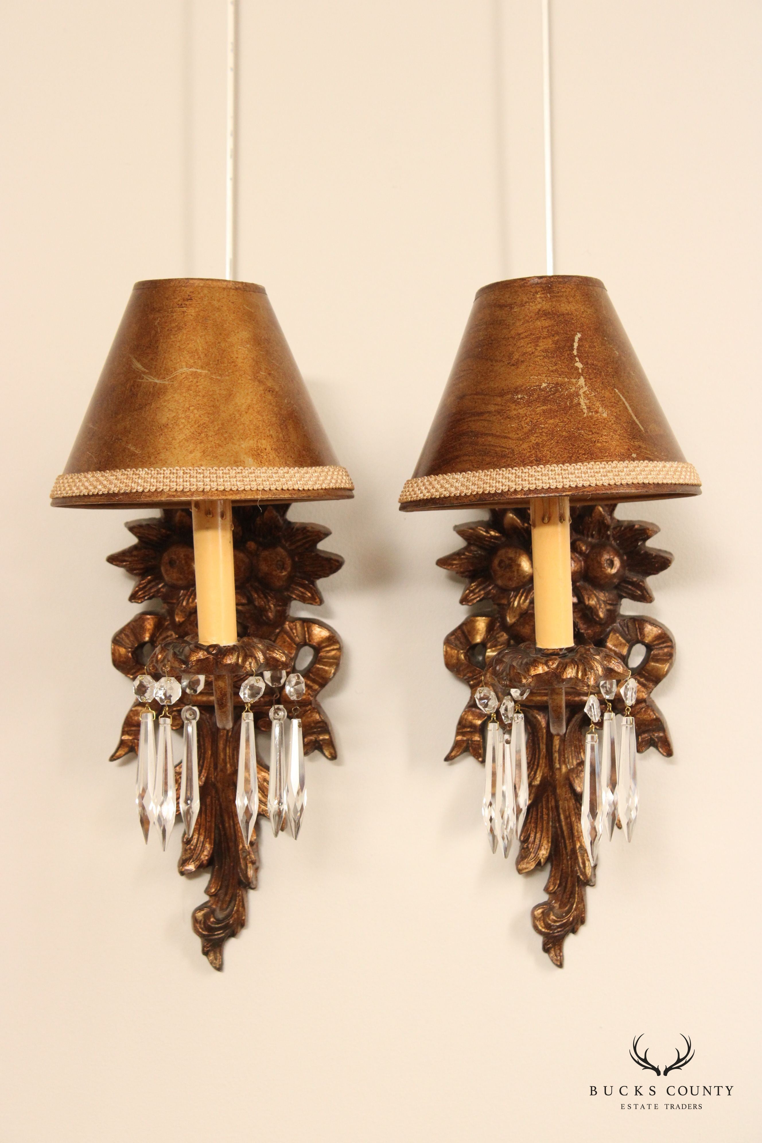 Italian Renaissance Style Pair of Carved Wall Sconces With Prisms