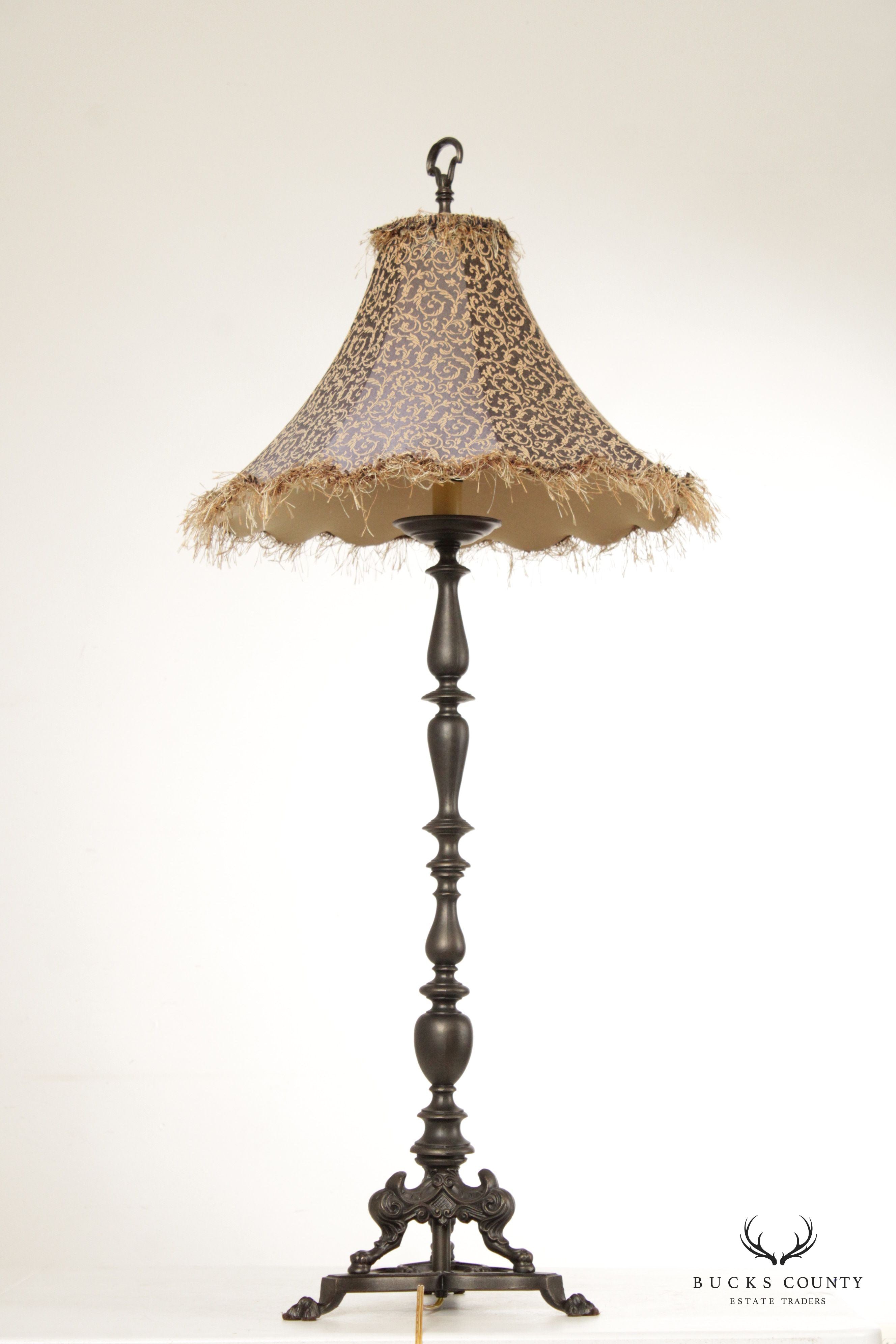 Baroque Style Pair Tall Cast Bronzed Metal Candlestick Lamps with Custom Feather Shades