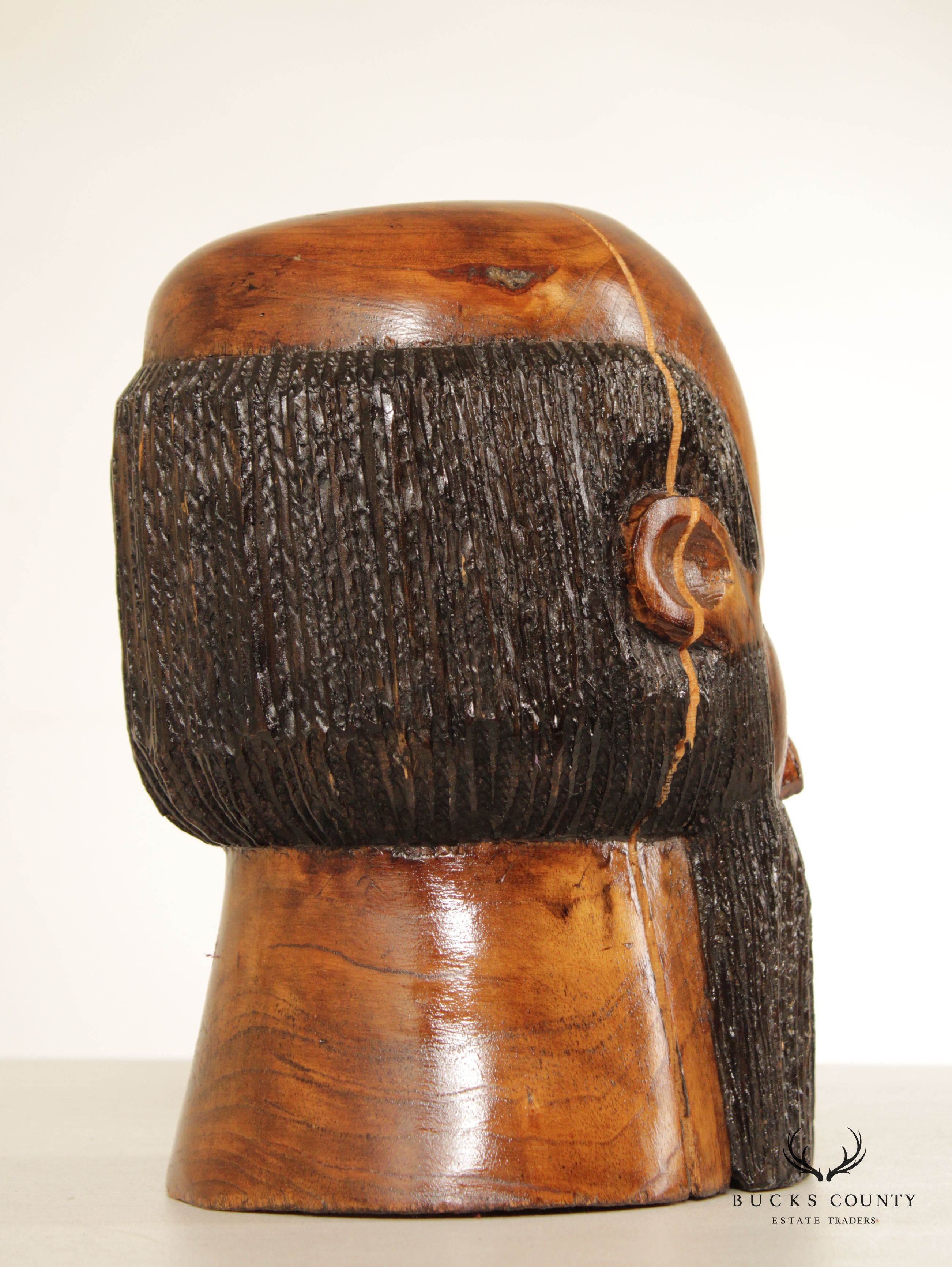 Folk Art Vintage Carved Wood Bust of Bearded Man