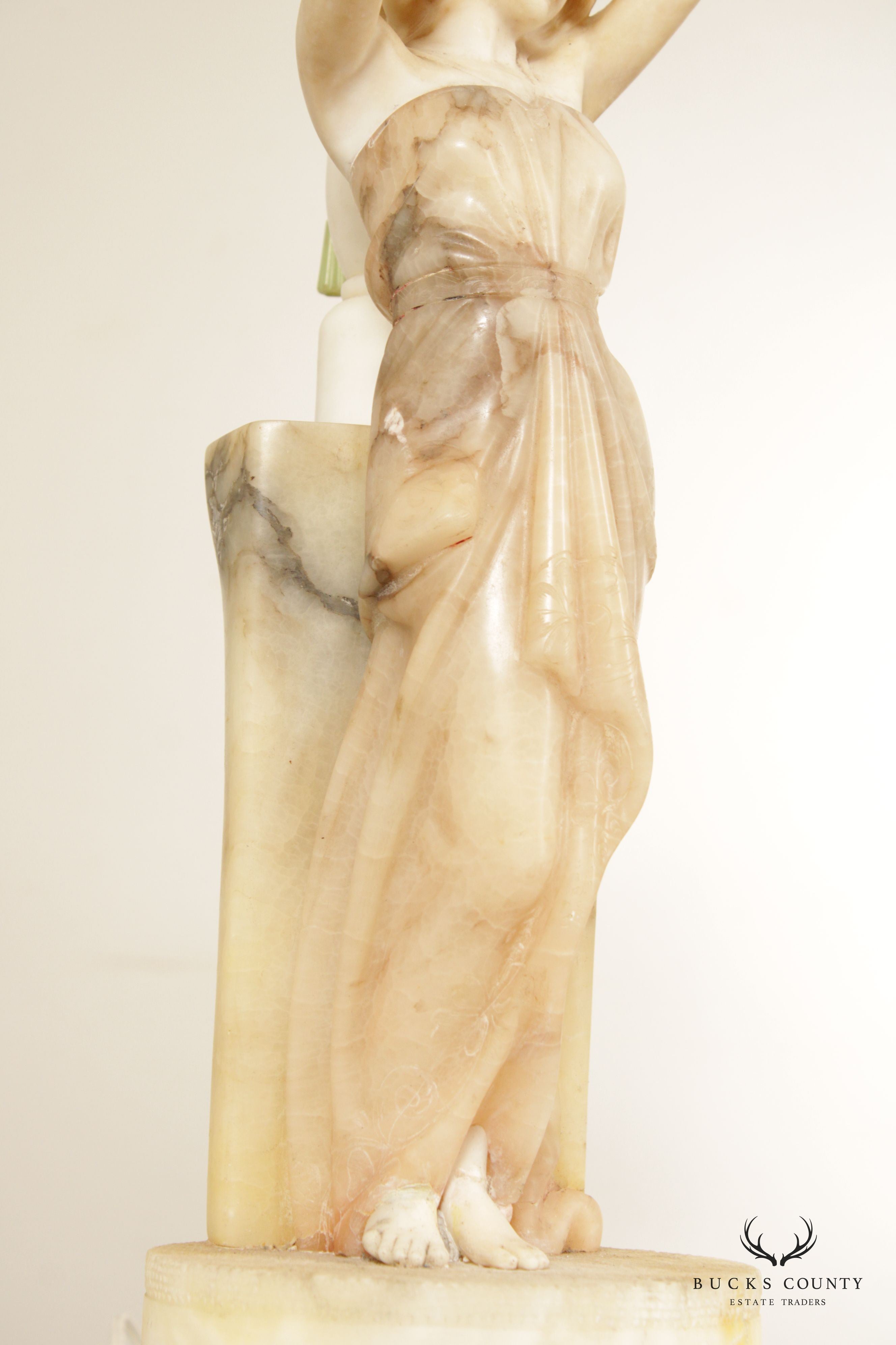 Antique Carved Alabaster 'Rebecca at the Well' Table Lamp
