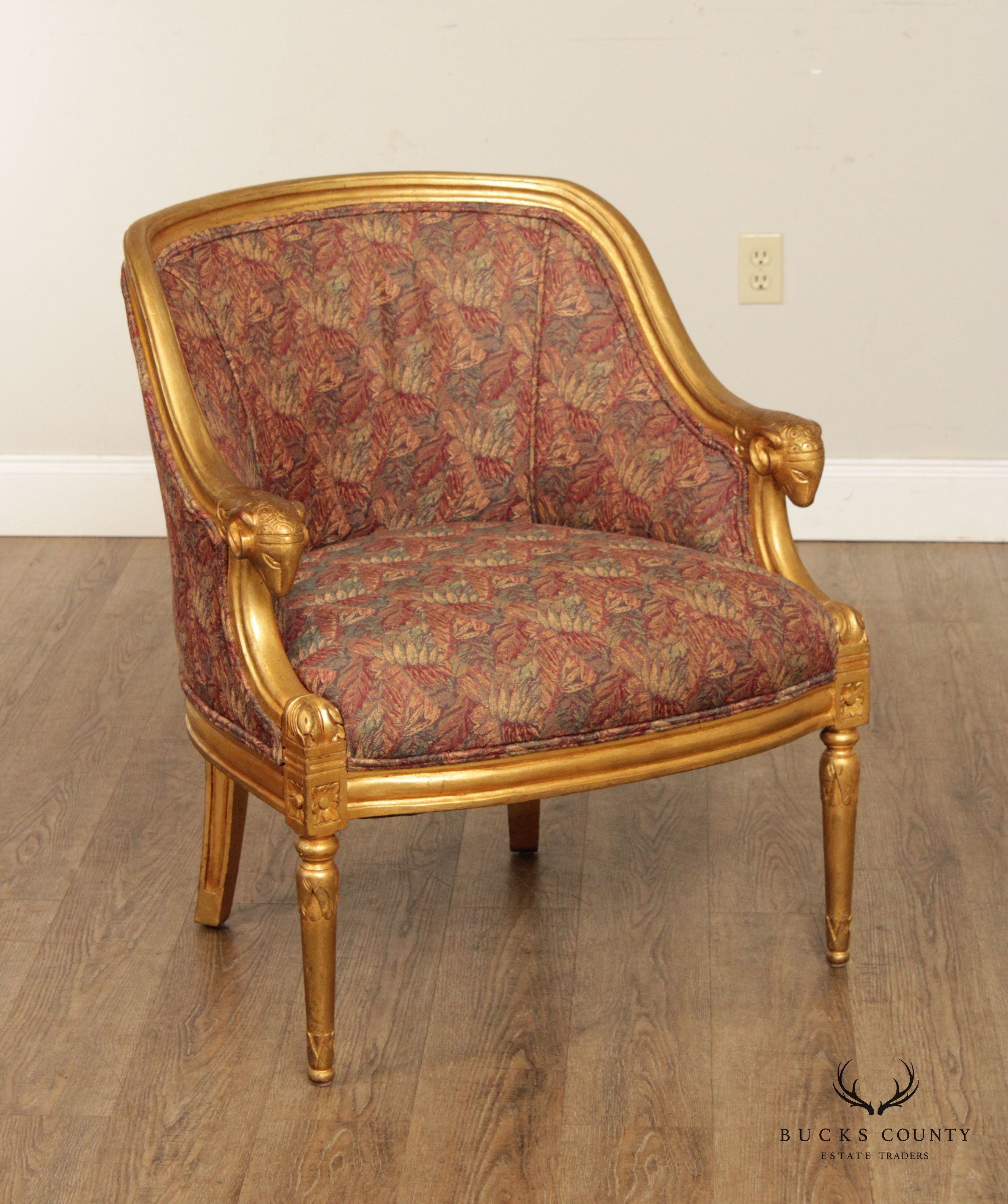 French Empire Style Gilt Rams Head Pair Barrel Club Chairs
