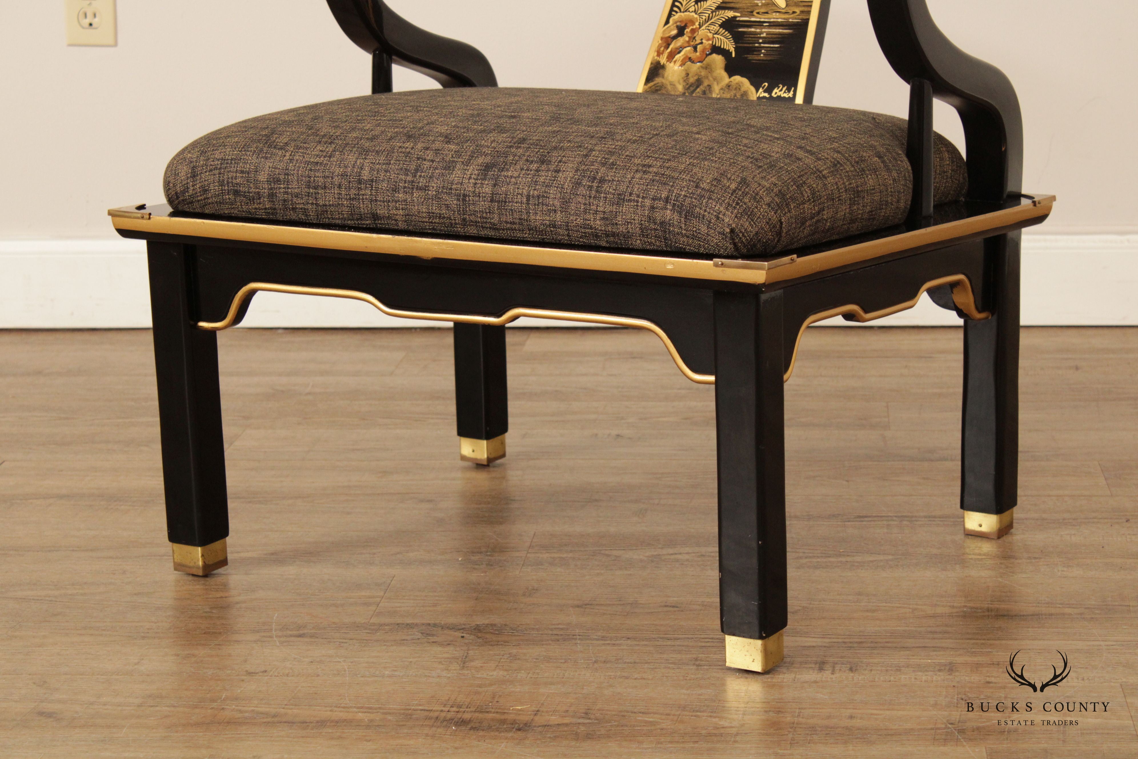 Chinoiserie Decorated Black Lacquer Pair of Horseshoe Armchairs