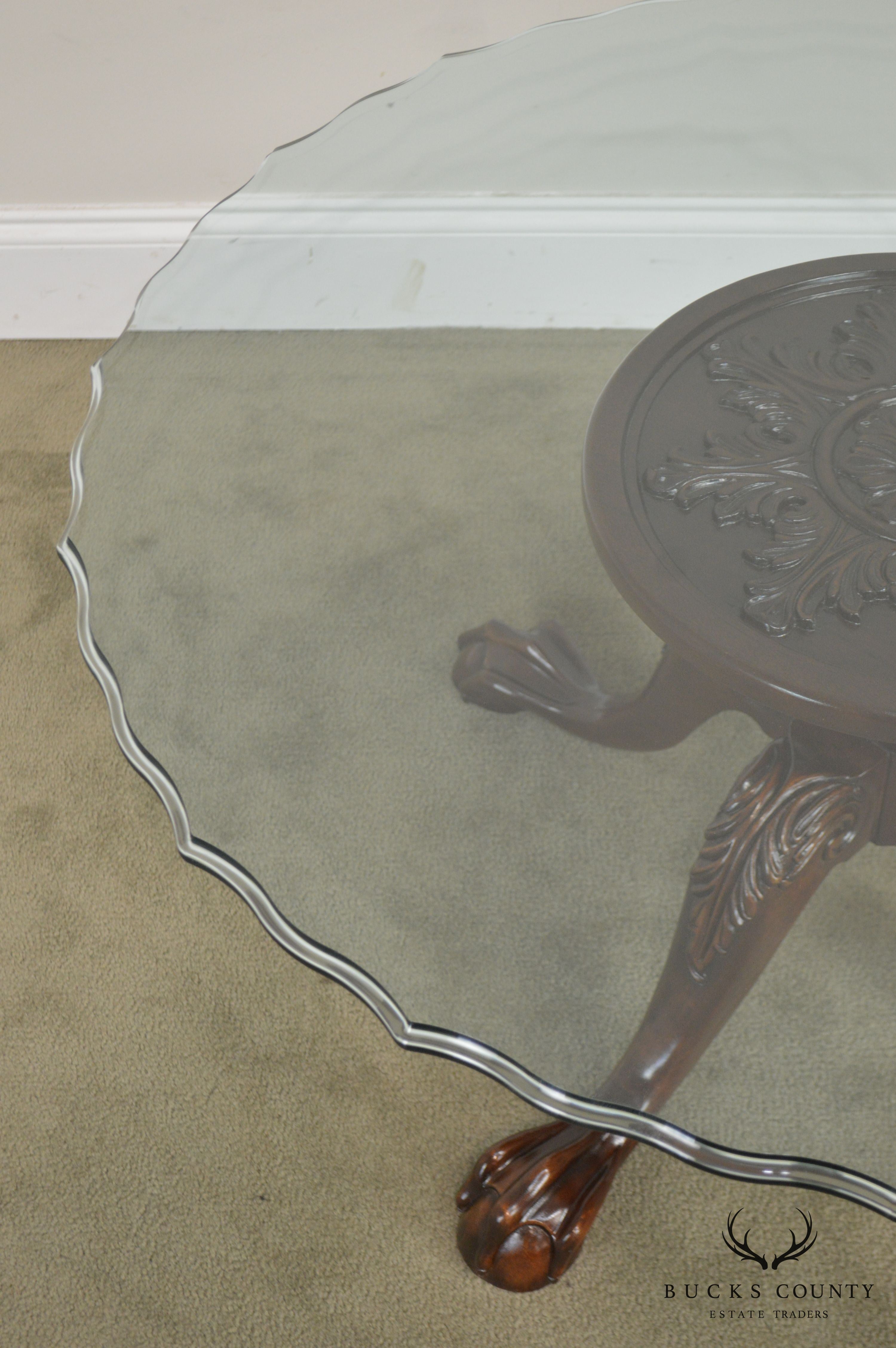 Carved Mahogany Ball & Claw Chippendale Style Glass Top Coffee Table