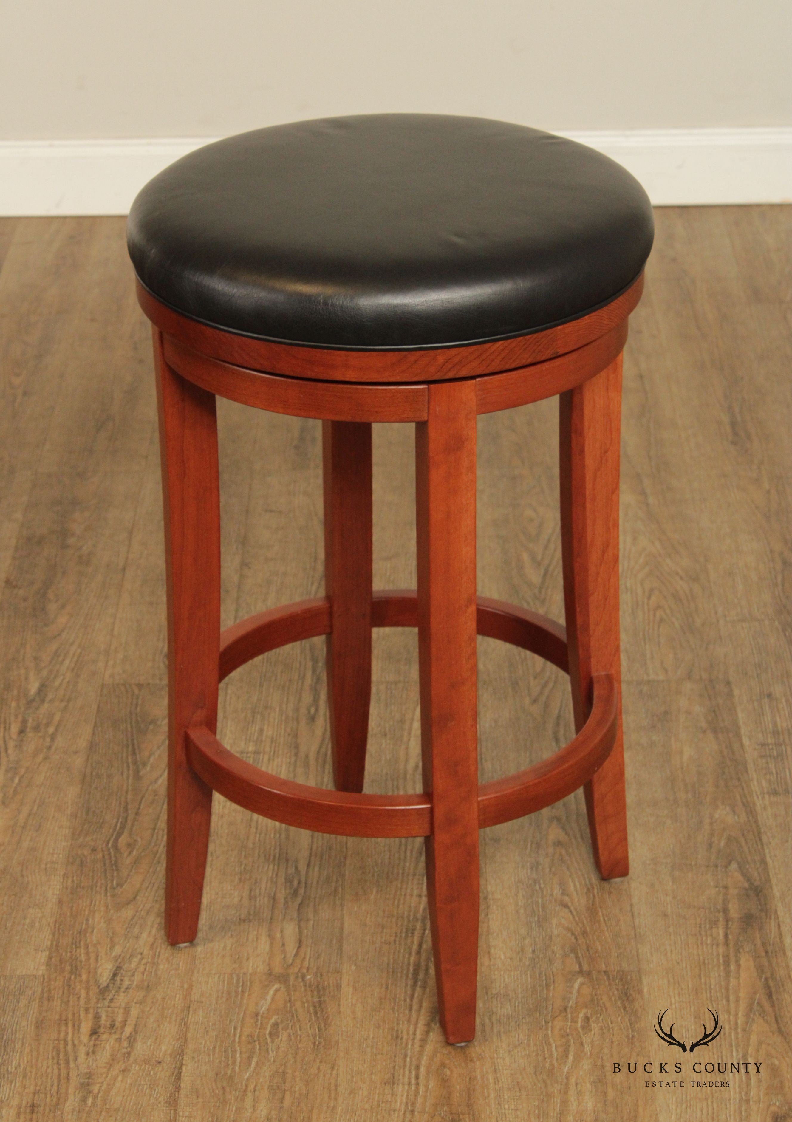 Zimmerman Chair Shop Pair of Leather Upholstered Cherry 'Milano' Swivel Bar Stools