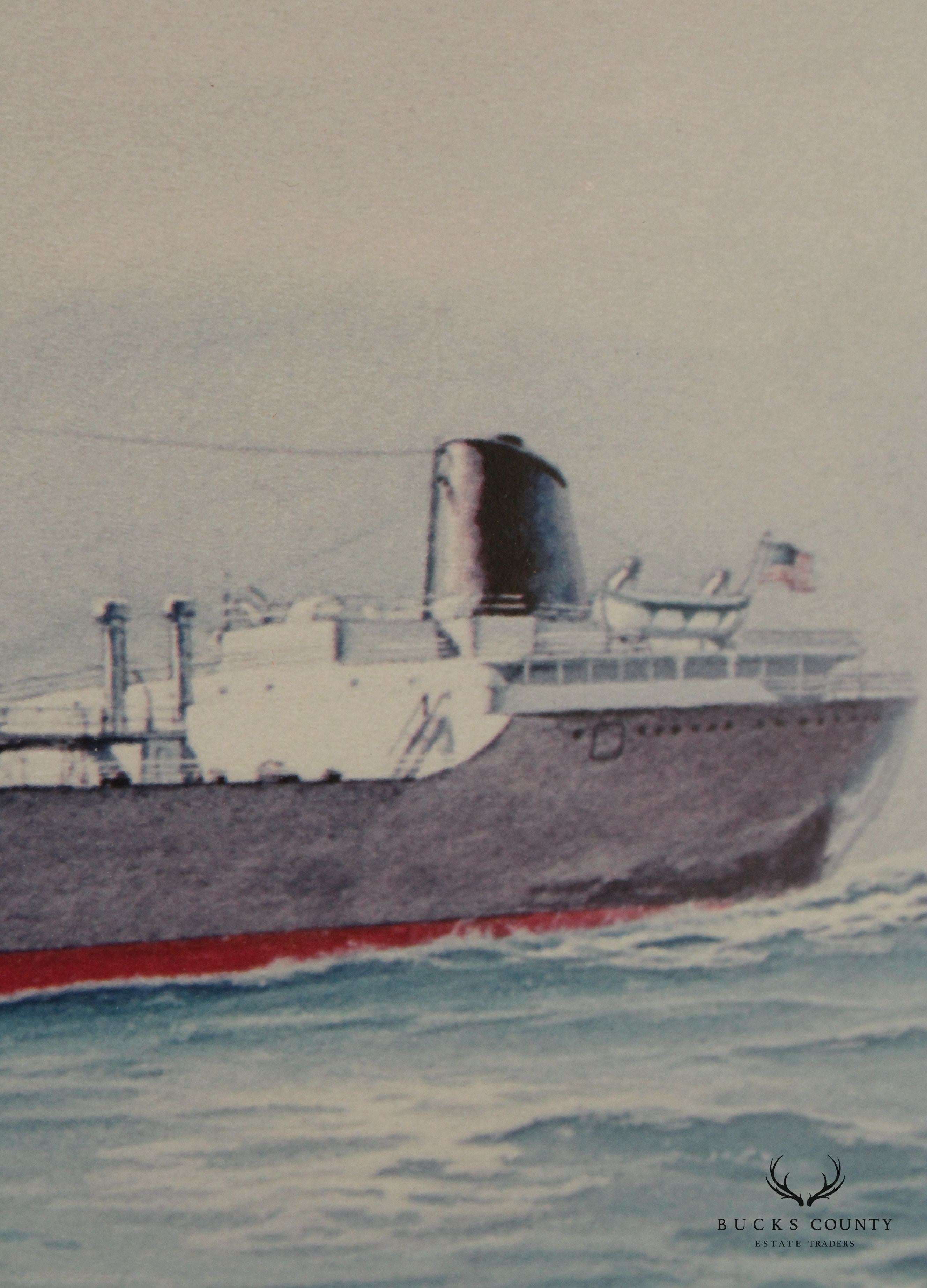 Vintage 20th C. S.S. Kings Port Maritime Watercolor Print, Signed 'Matthews'