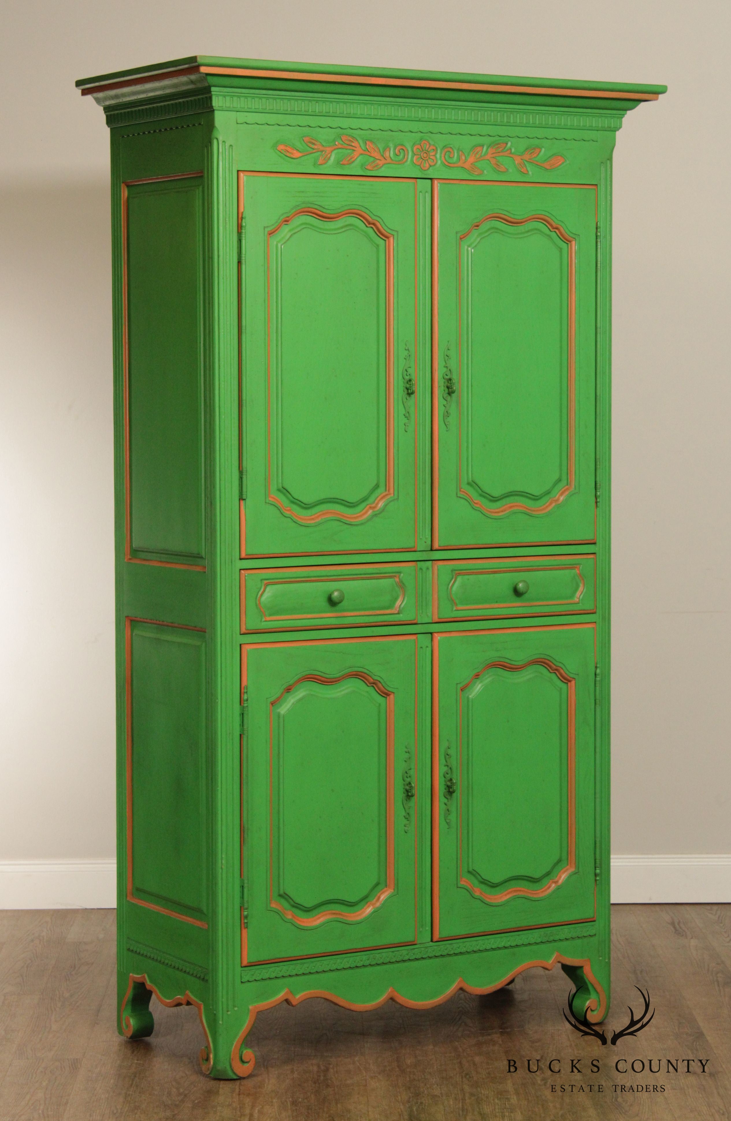 French Louis XV Style Custom Green Painted Pair Large Armoires