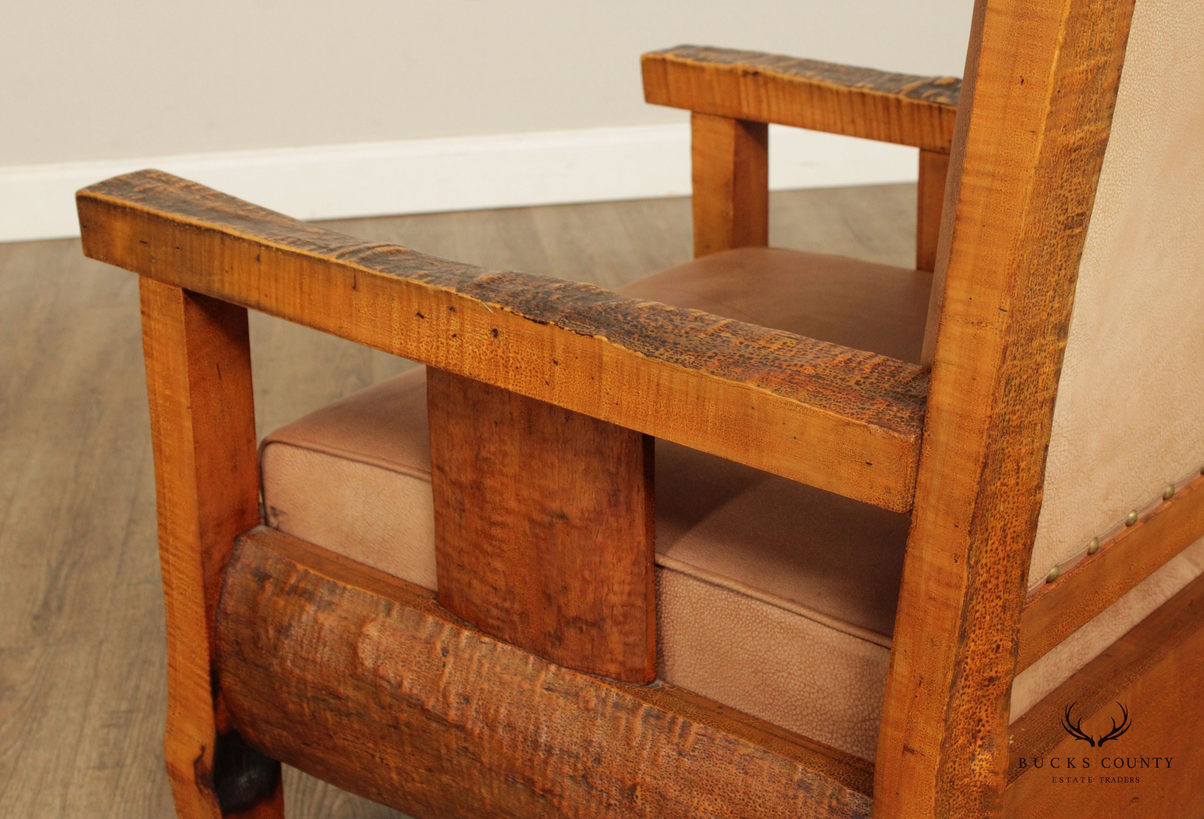 Antique Adirondack Tiger Maple and Leather Lounge Arm Chair