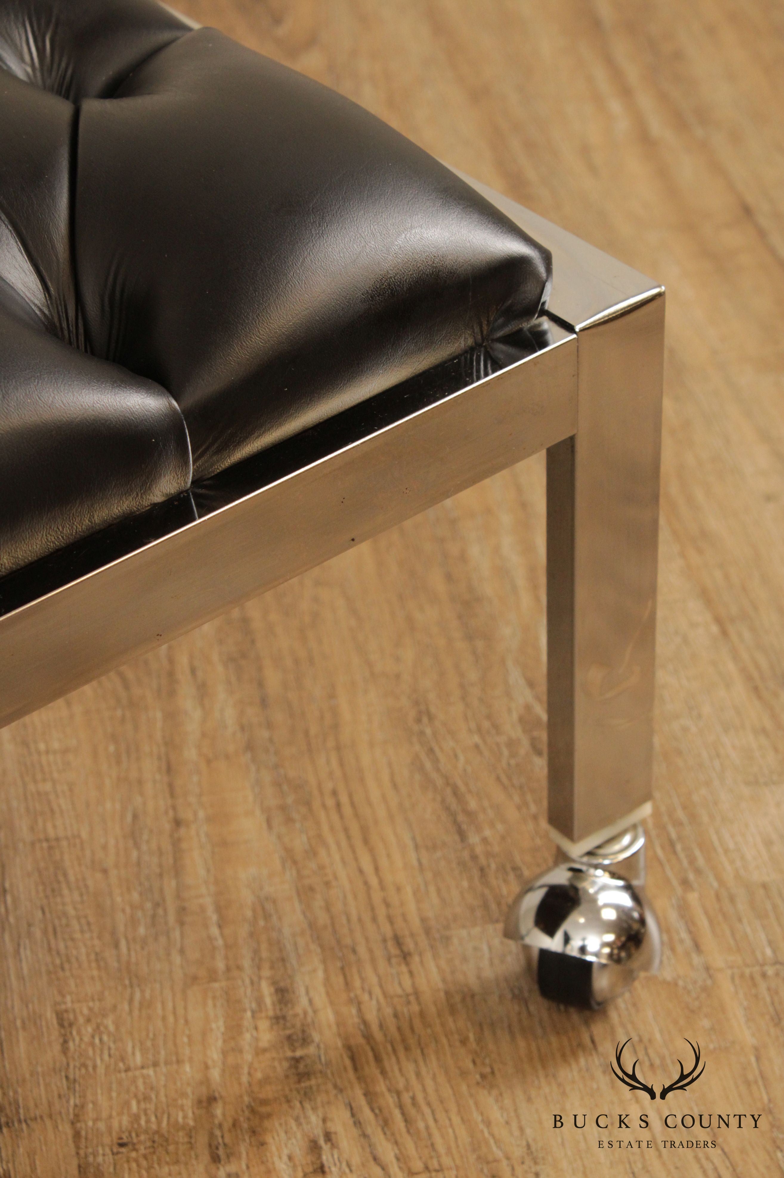 Vintage Modern Chrome & Black Vinyl Rolling Footstool