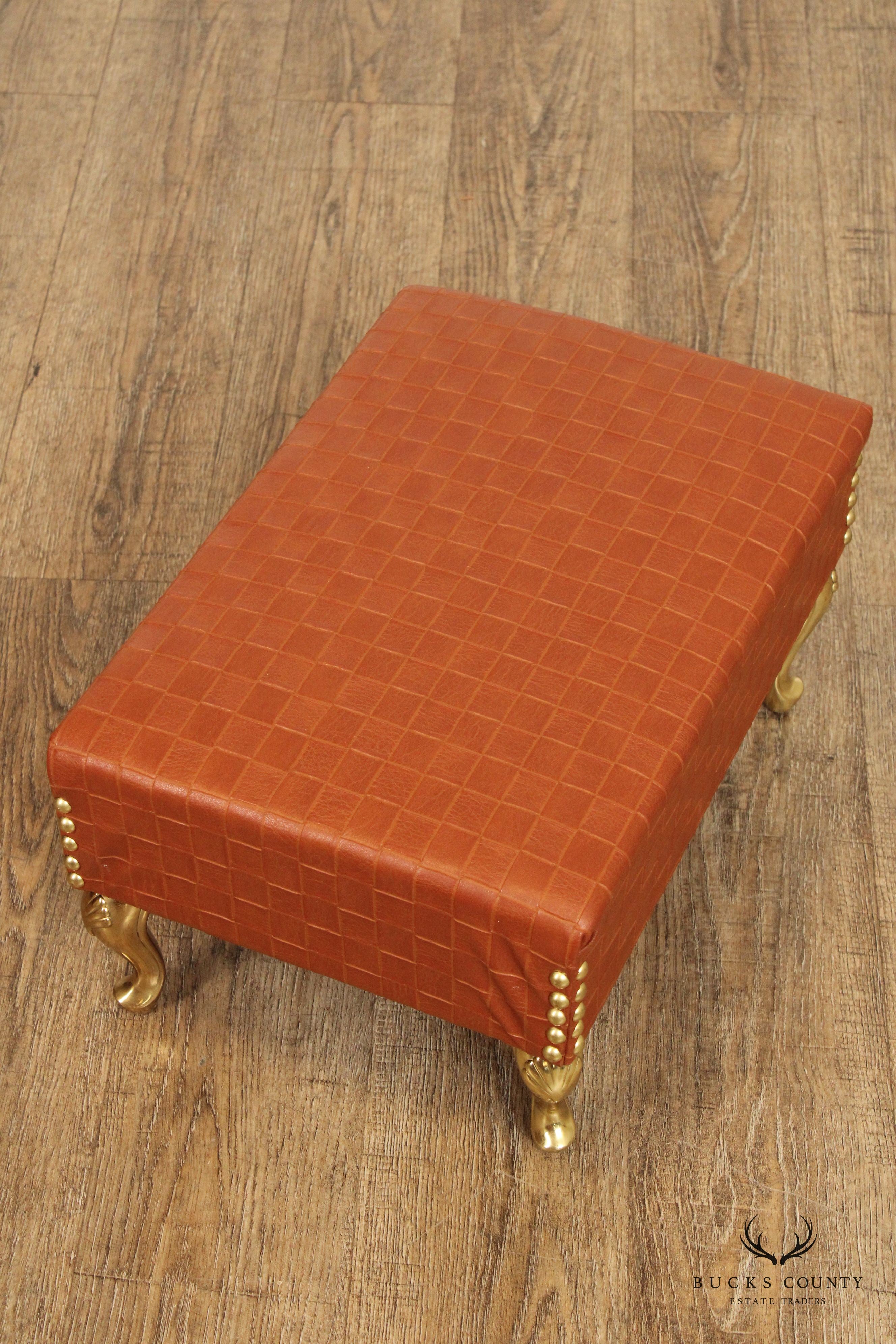 Italian Hollywood Regency Pair of Brass and Leather Foot Stools