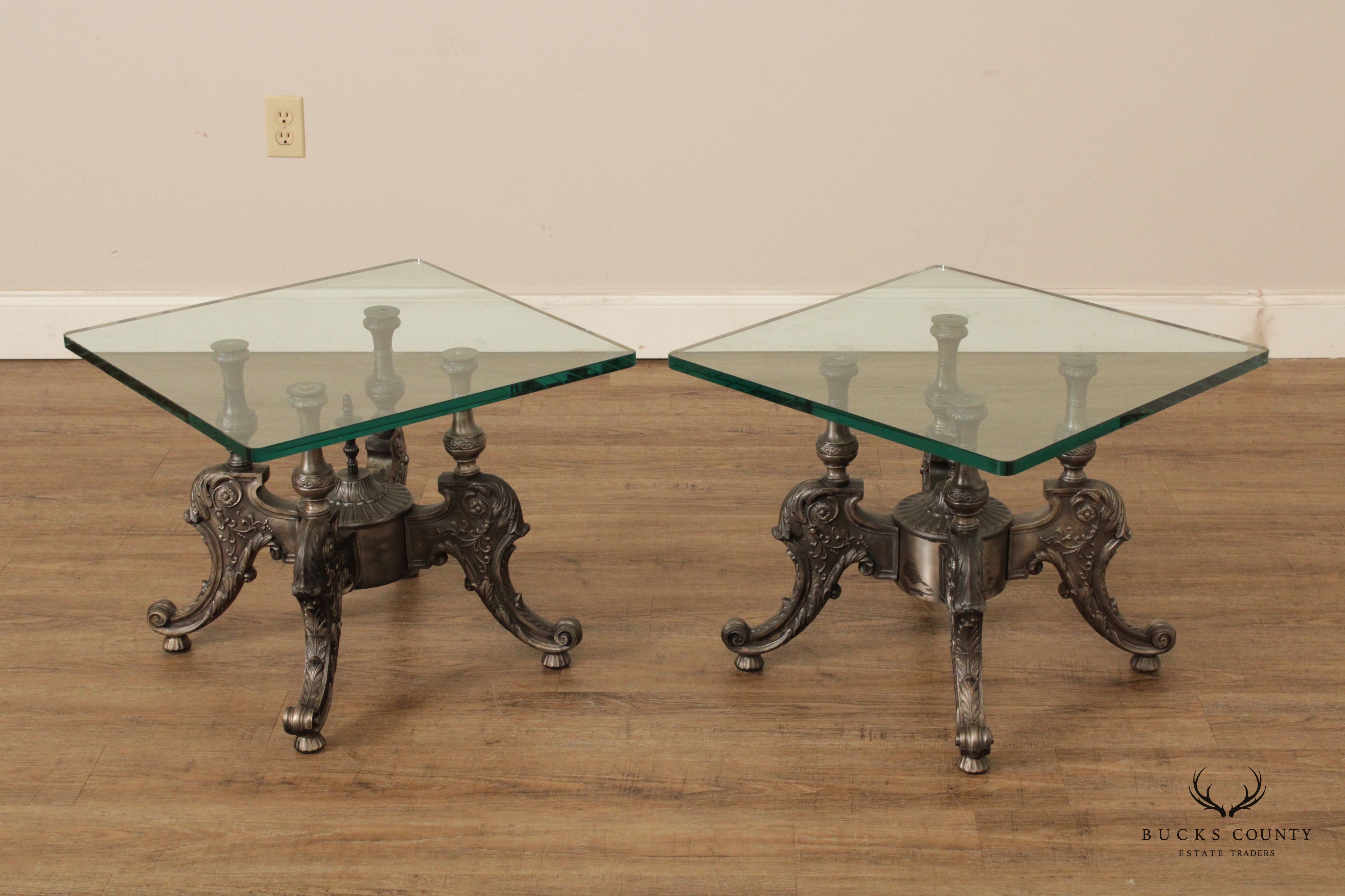 Victorian Style Pair of Cast Metal Glass-Top Coffee Tables