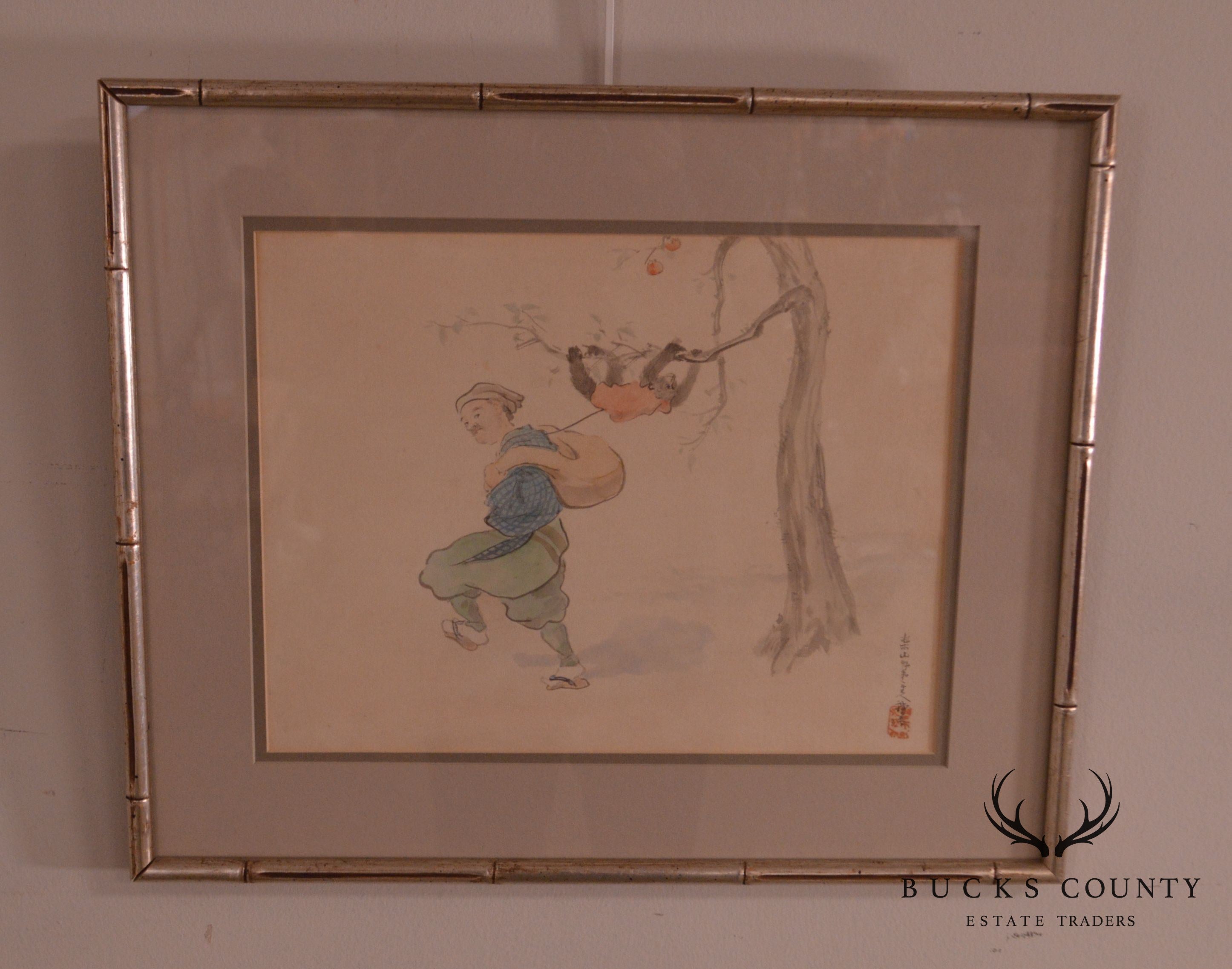 Vintage Chinese Watercolor Drawing, Custom Framed