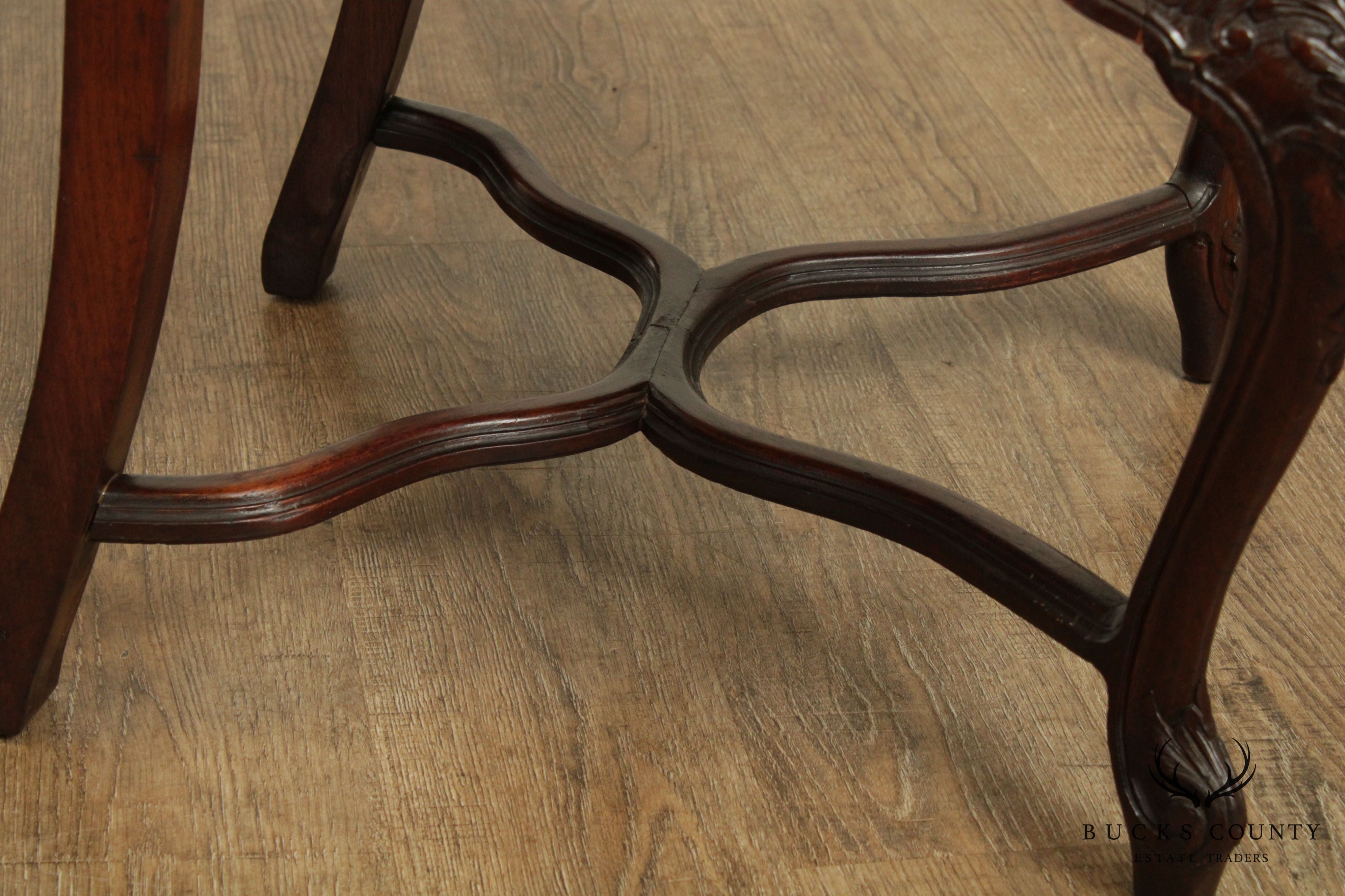 French Louis XV Style Vintage Set 5 Walnut & Green Leather Dining Chairs