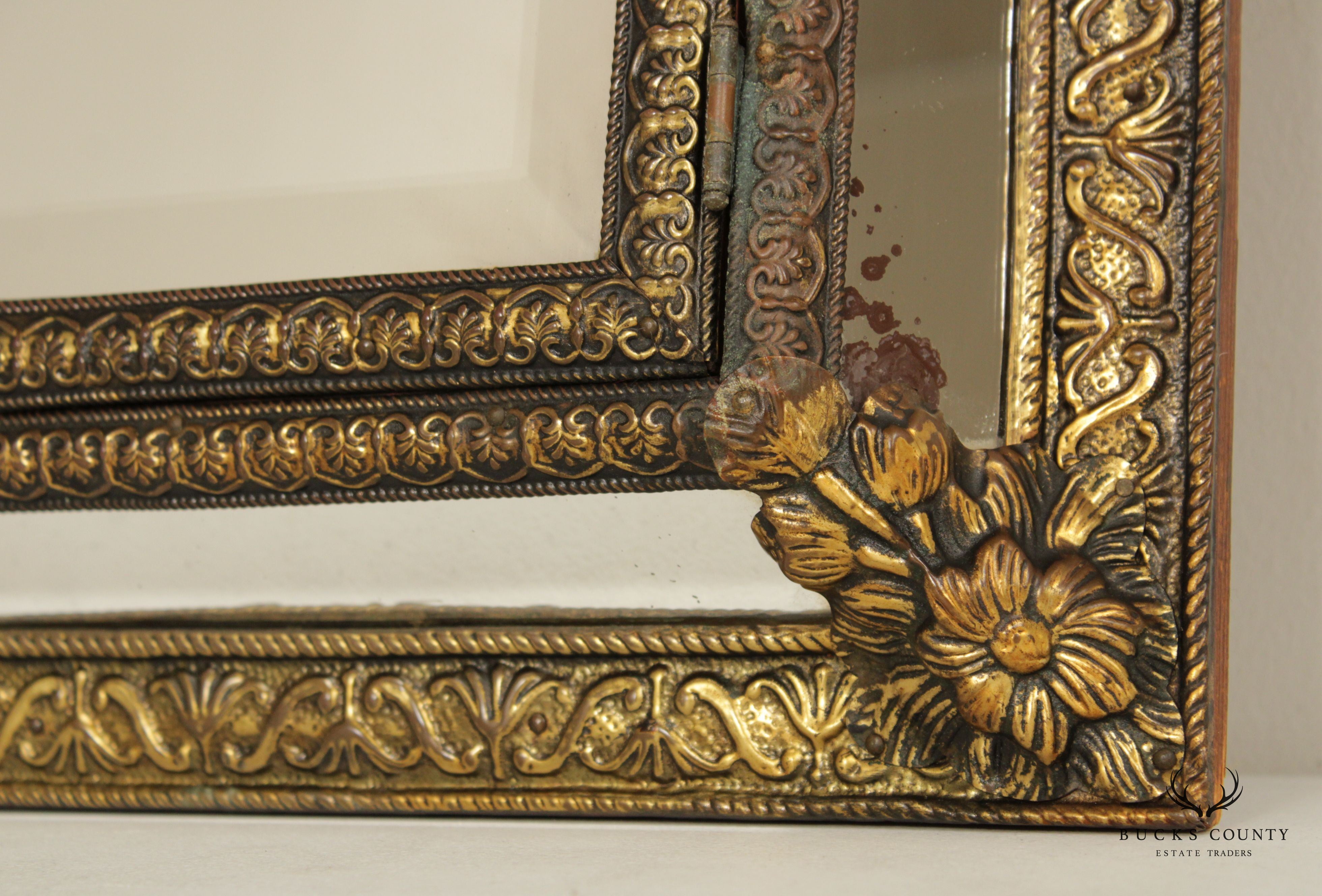 Antique French Repousse Brass Wall Mirror Cabinet