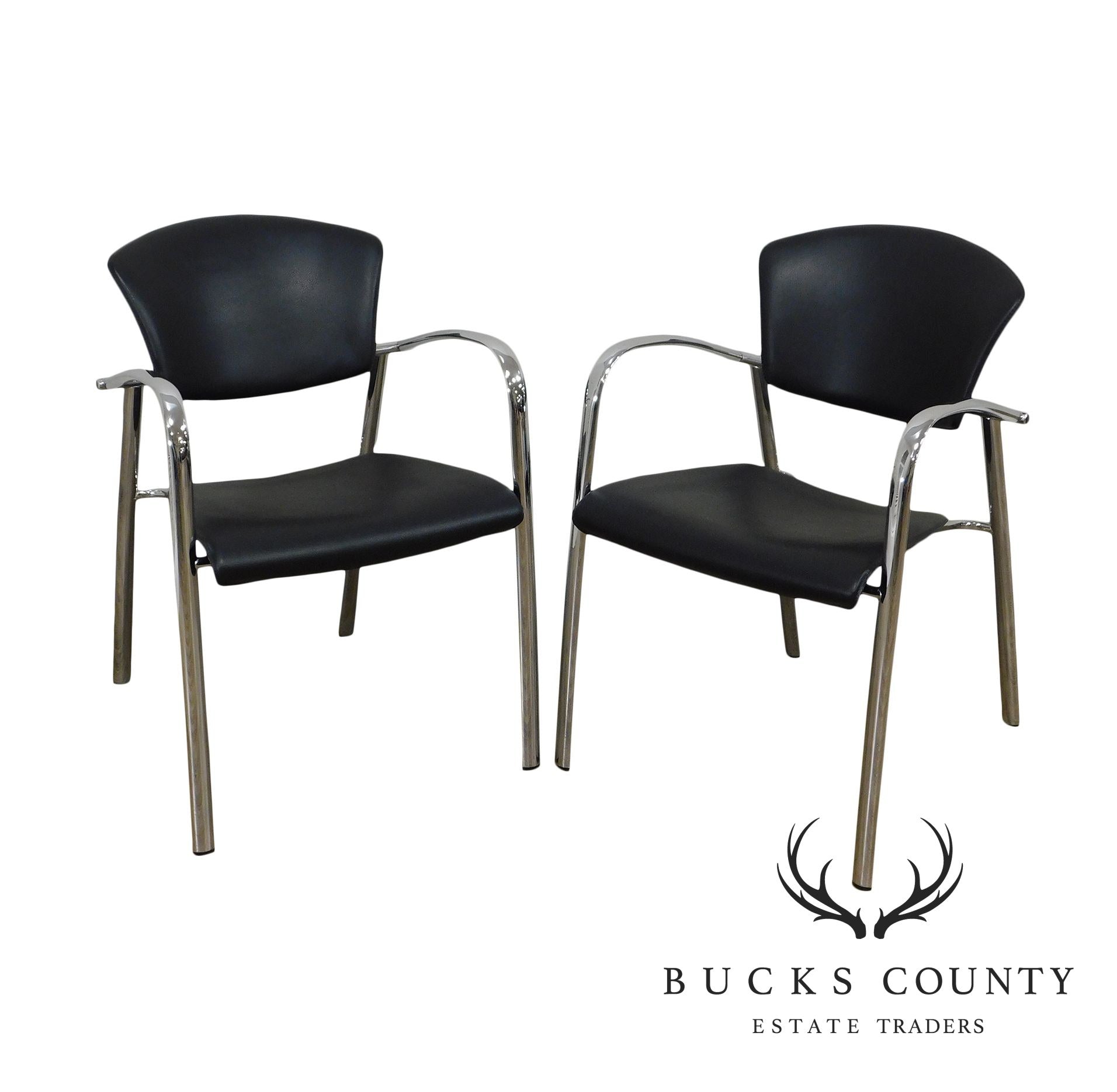 Brayton International Collection Steelcase Pair Chrome & Black Leatherette Armchairs