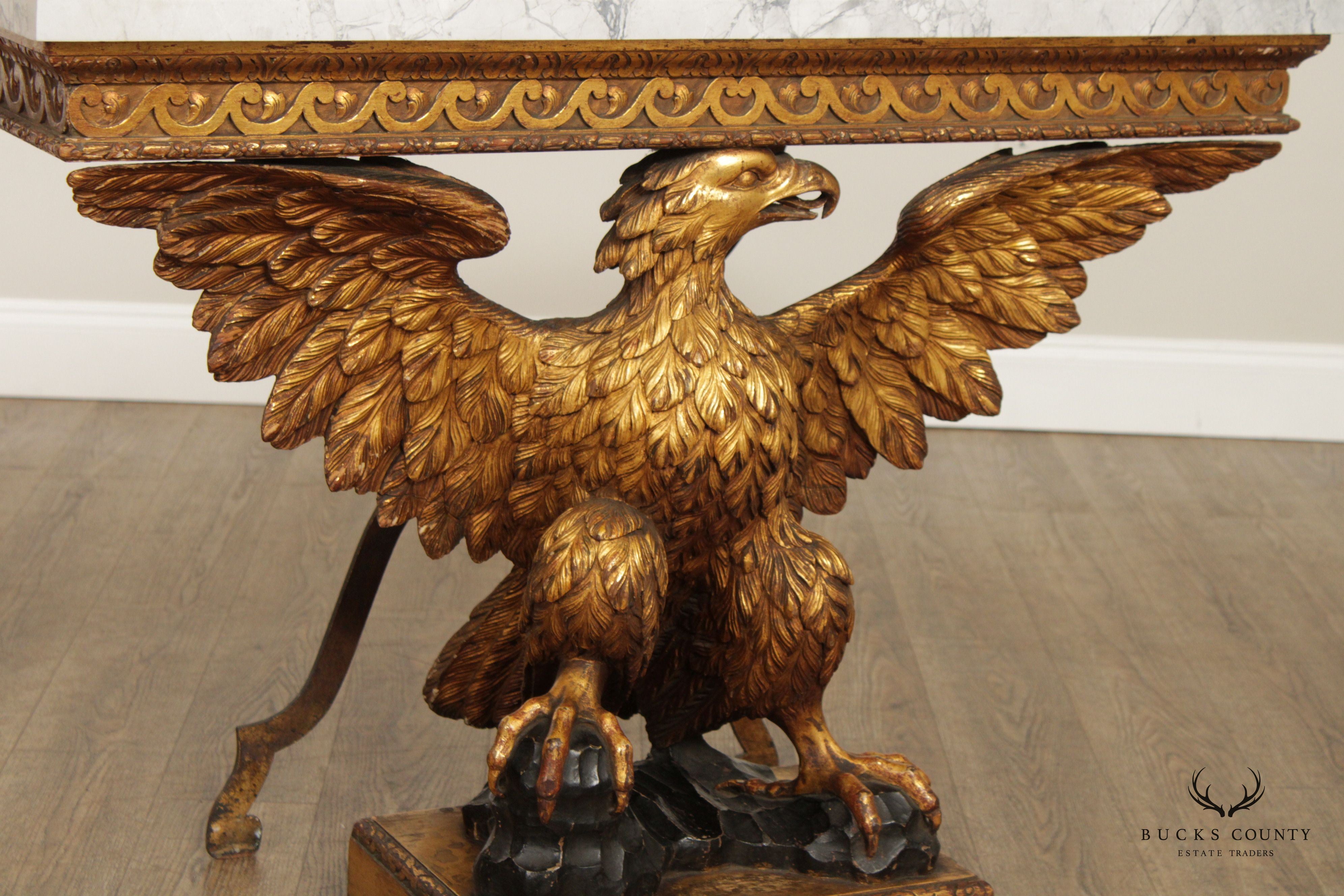Regency George II Style Pair Giltwood Carved Eagle Marble Top Consoles
