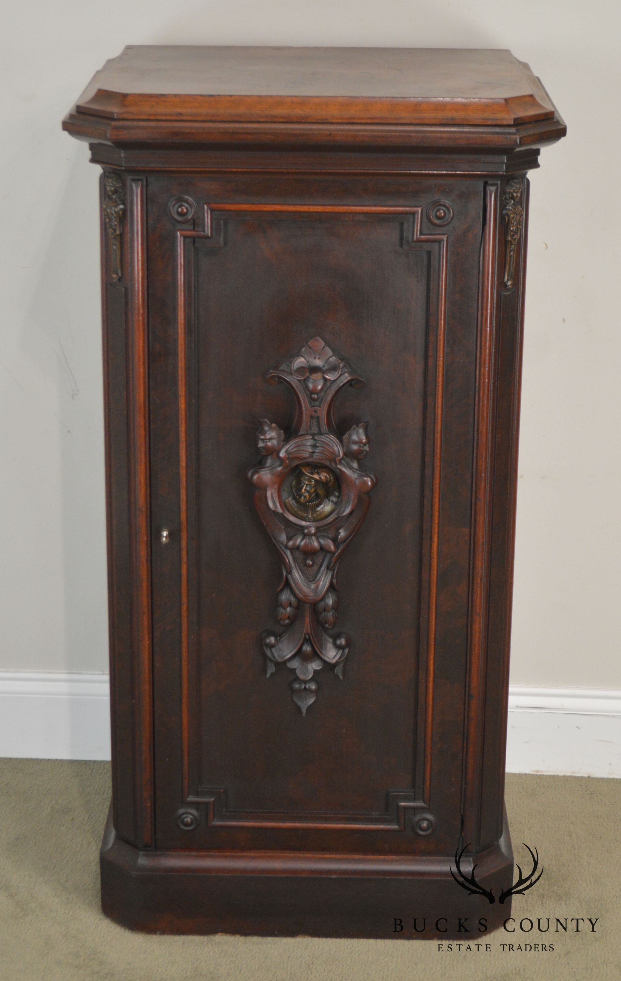 Antique 19th Century Walnut Renaissance Revival Music Cabinet with Bronze Figural Plaque
