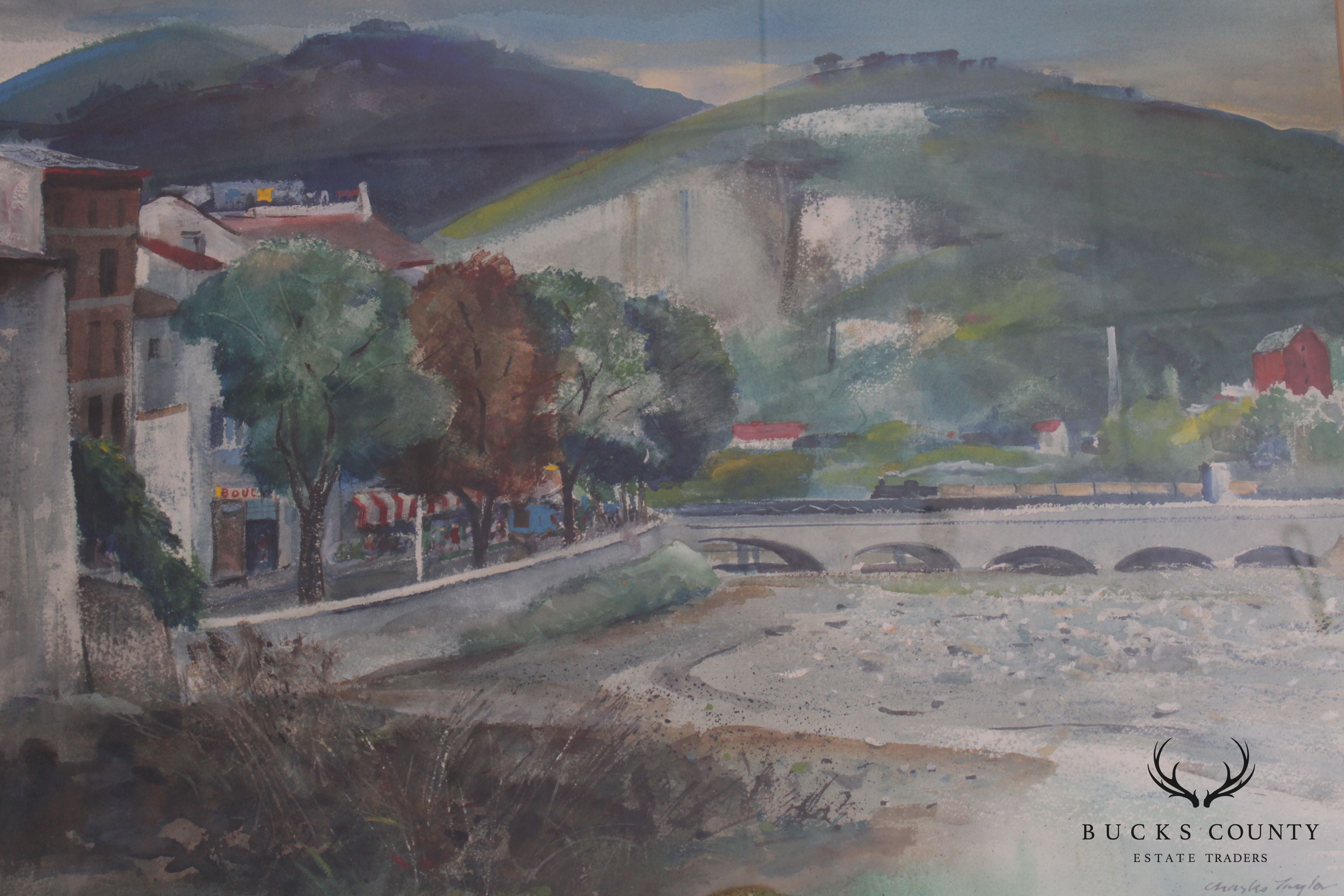 Charles Taylor Landscape with Bridge Watercolor Framed Painting