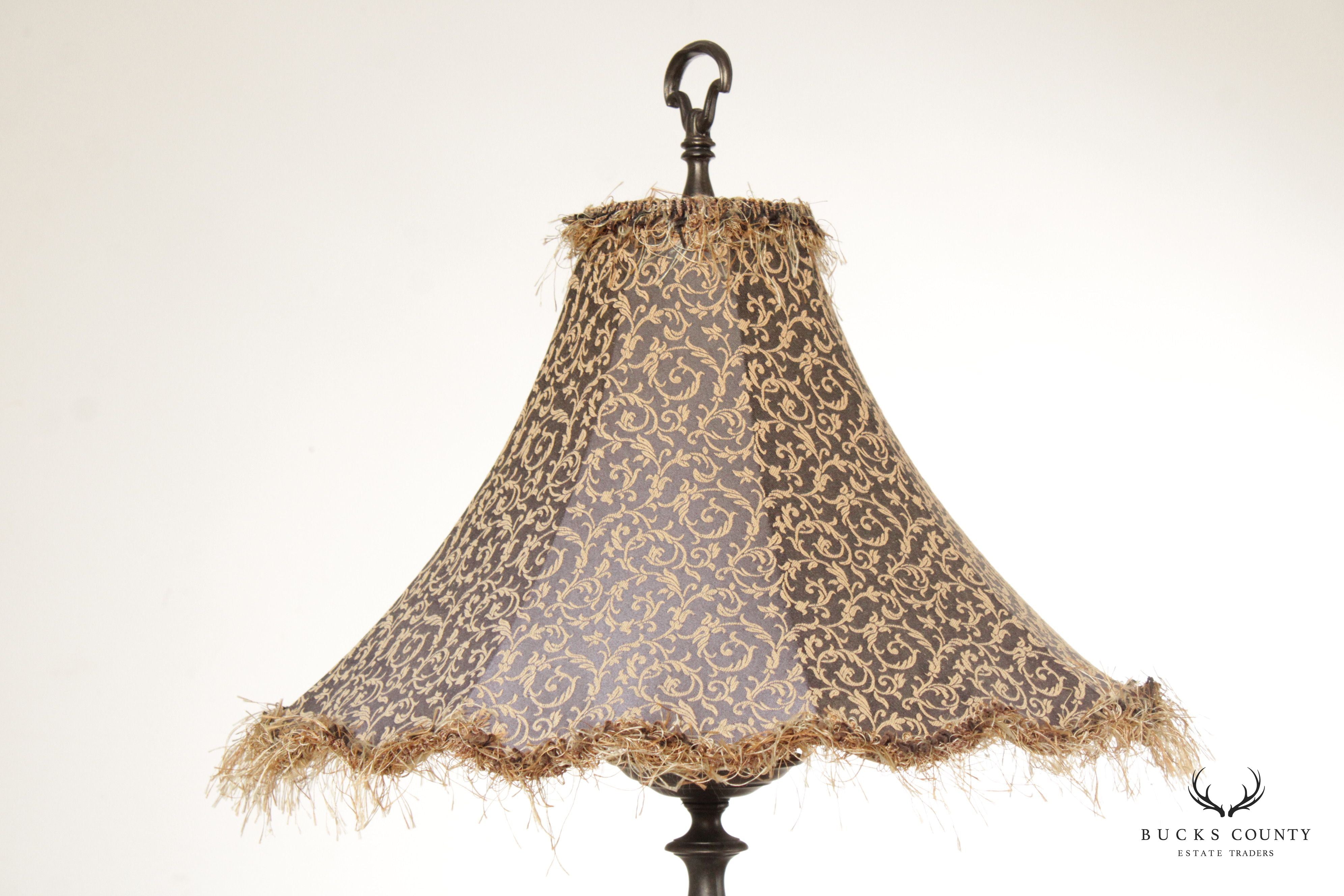Baroque Style Pair Tall Cast Bronzed Metal Candlestick Lamps with Custom Feather Shades