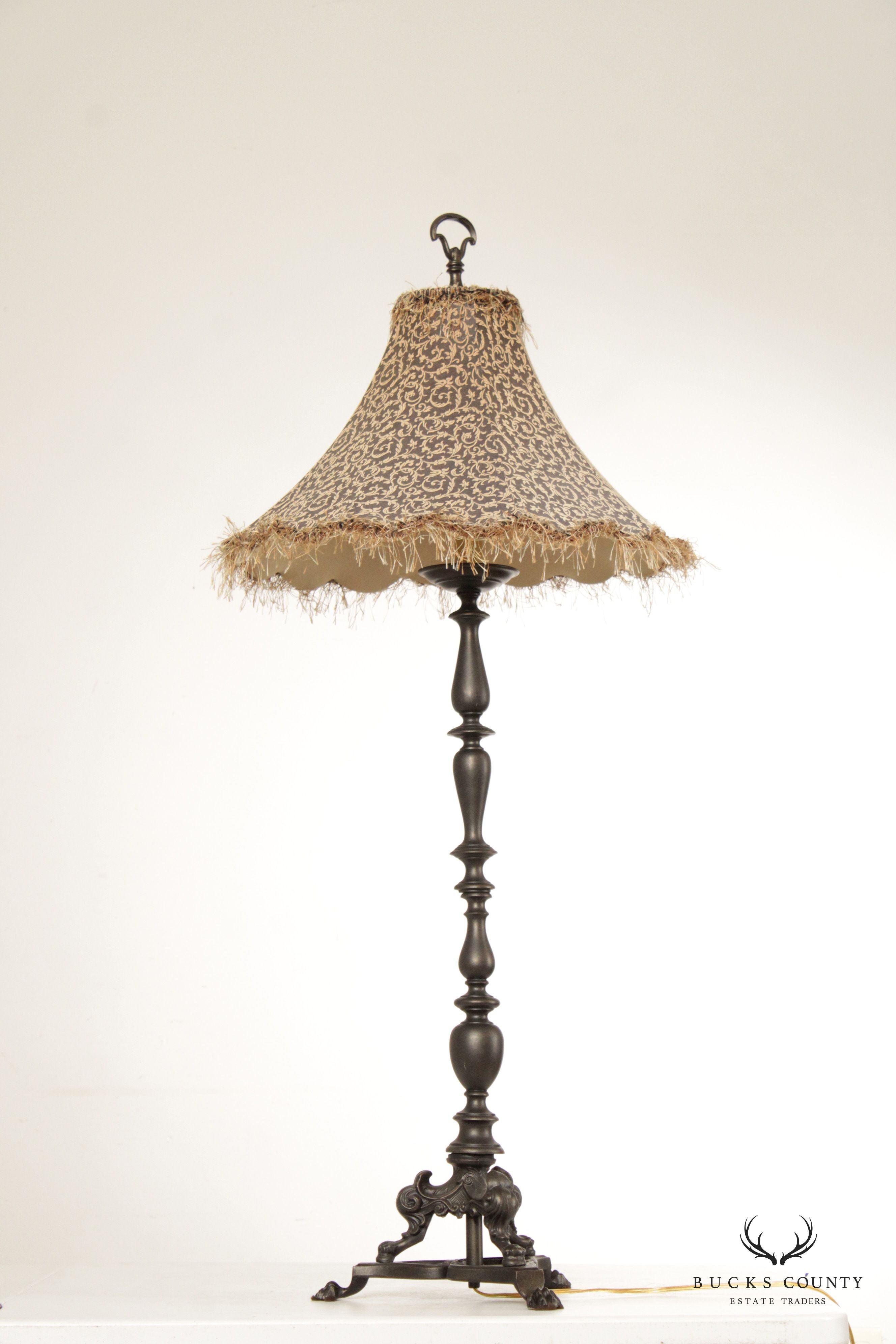 Baroque Style Pair Tall Cast Bronzed Metal Candlestick Lamps with Custom Feather Shades