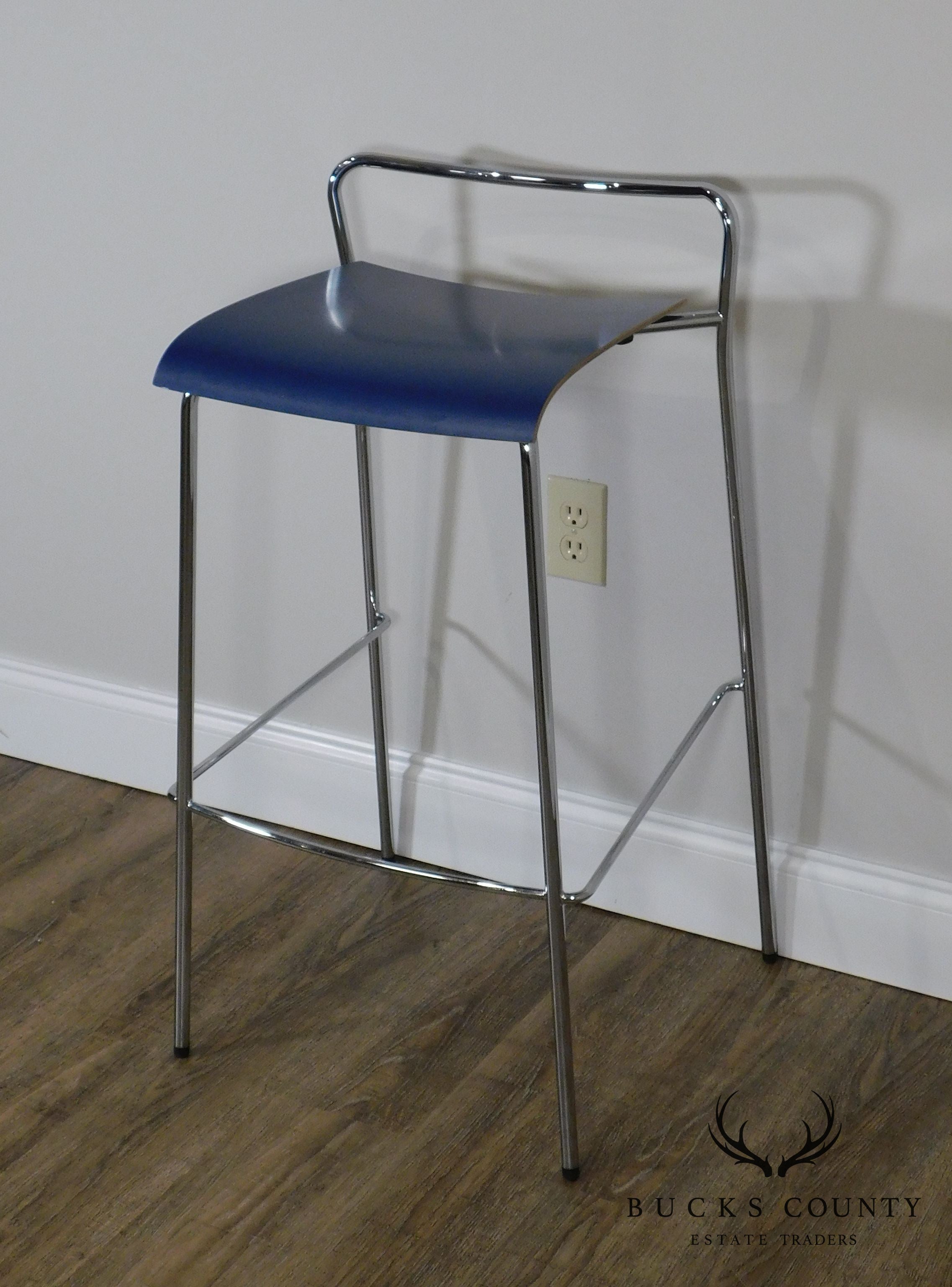 Antti Kotilainen Chrome Frame Blue Seat Piiroinen Bar Stool