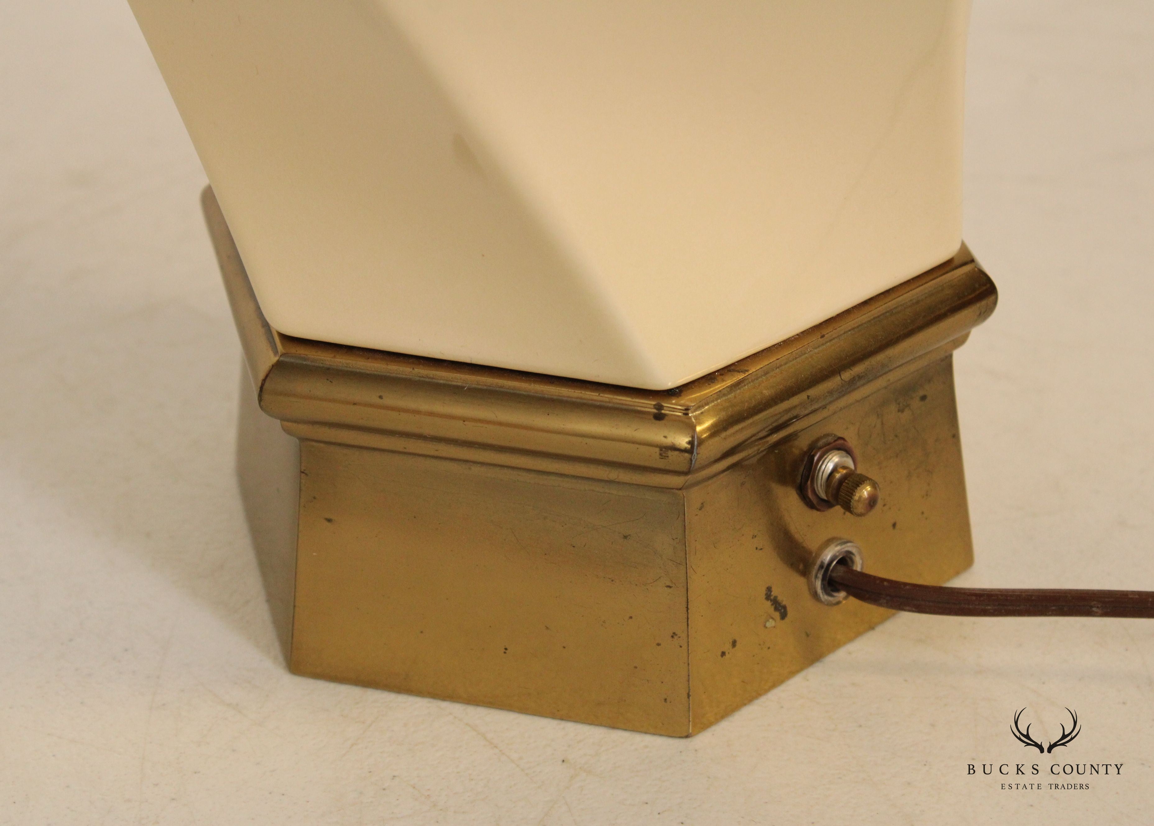 STIFFEL BRASS AND CERAMIC PAIR OF VINTAGE HEXAGONAL TABLE LAMPS