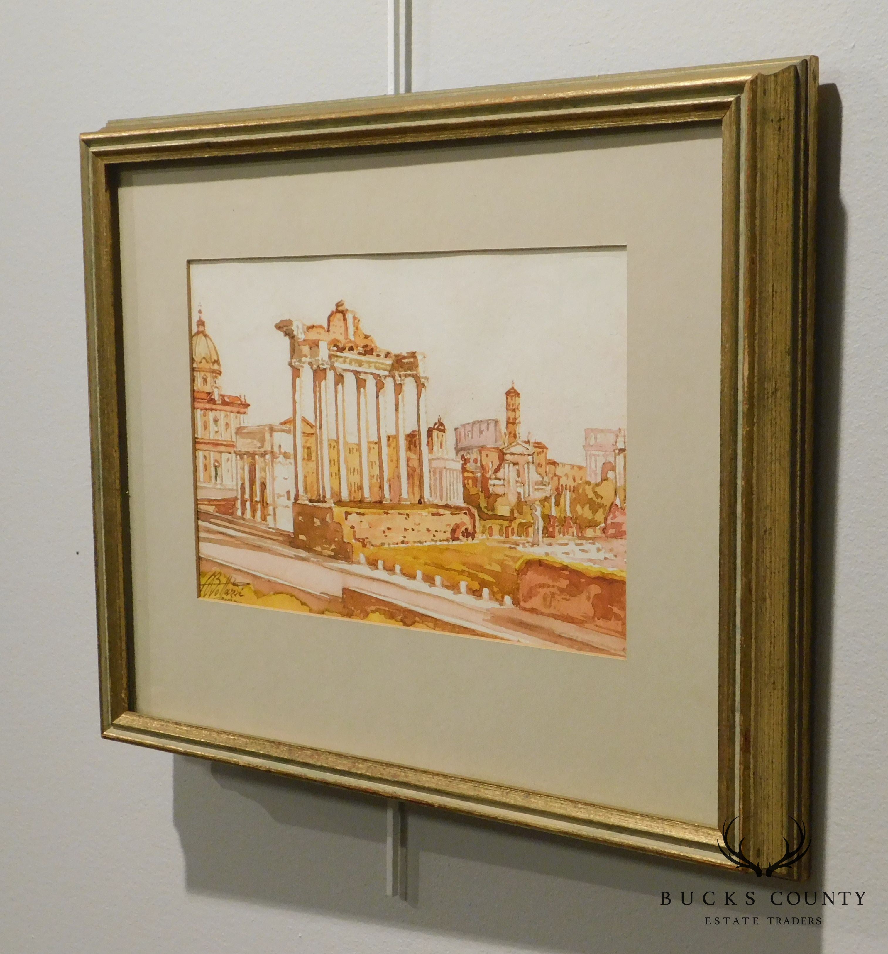 Vintage Roman Ruins Watercolor Painting Signed Bollazzi